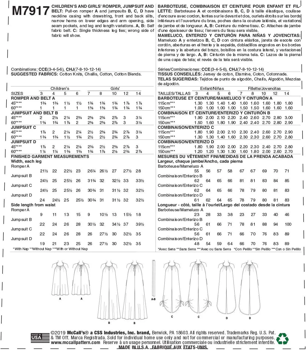 الگوهای مک کال M7917 رامپر، جامپسوت و کمربند دخترانه و بچگانه سایز CCE: 3-4-5-6 الگوهای مک کال M7917 رامپر، جامپسوت و کمربند دخترانه و بچگانه سایز CCE: 3-4-5-6