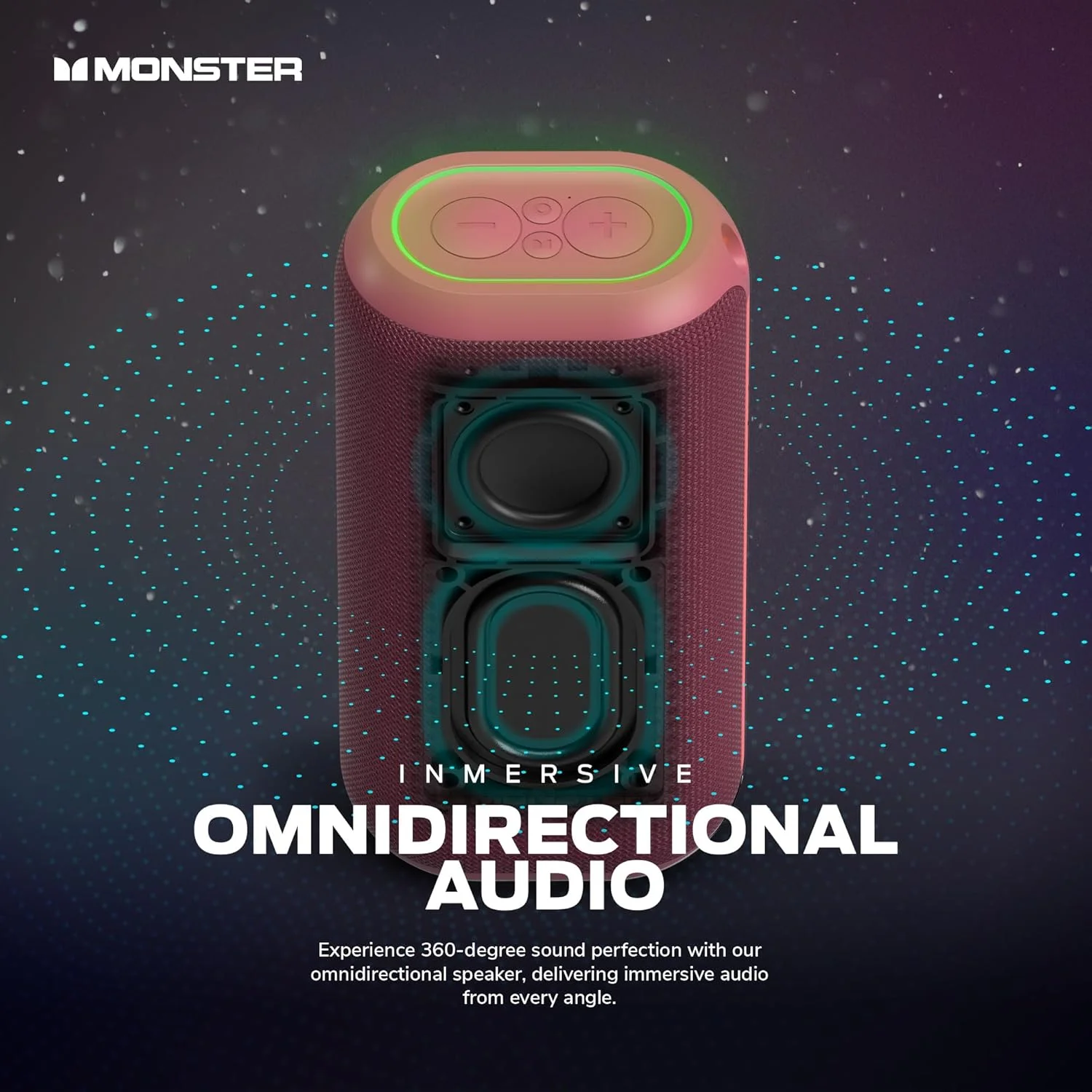 اسپیکر بلوتوثی قابل حمل Monster DNA One، اسپیکر قابل حمل قدرتمند با صدای باس 360 درجه و پد شارژ بی سیم 10 واتی Qi، ضد آب IP67 - مناسب برای مسافرت، استفاده در فضای داخلی و خارجی اسپیکر بلوتوثی قابل حمل Monster DNA One، اسپیکر قابل حمل قدرتمند با صدای باس 360 درجه و پد شارژ بی سیم 10 واتی Qi، ضد آب IP67 - مناسب برای مسافرت، استفاده در فضای داخلی و خارجی