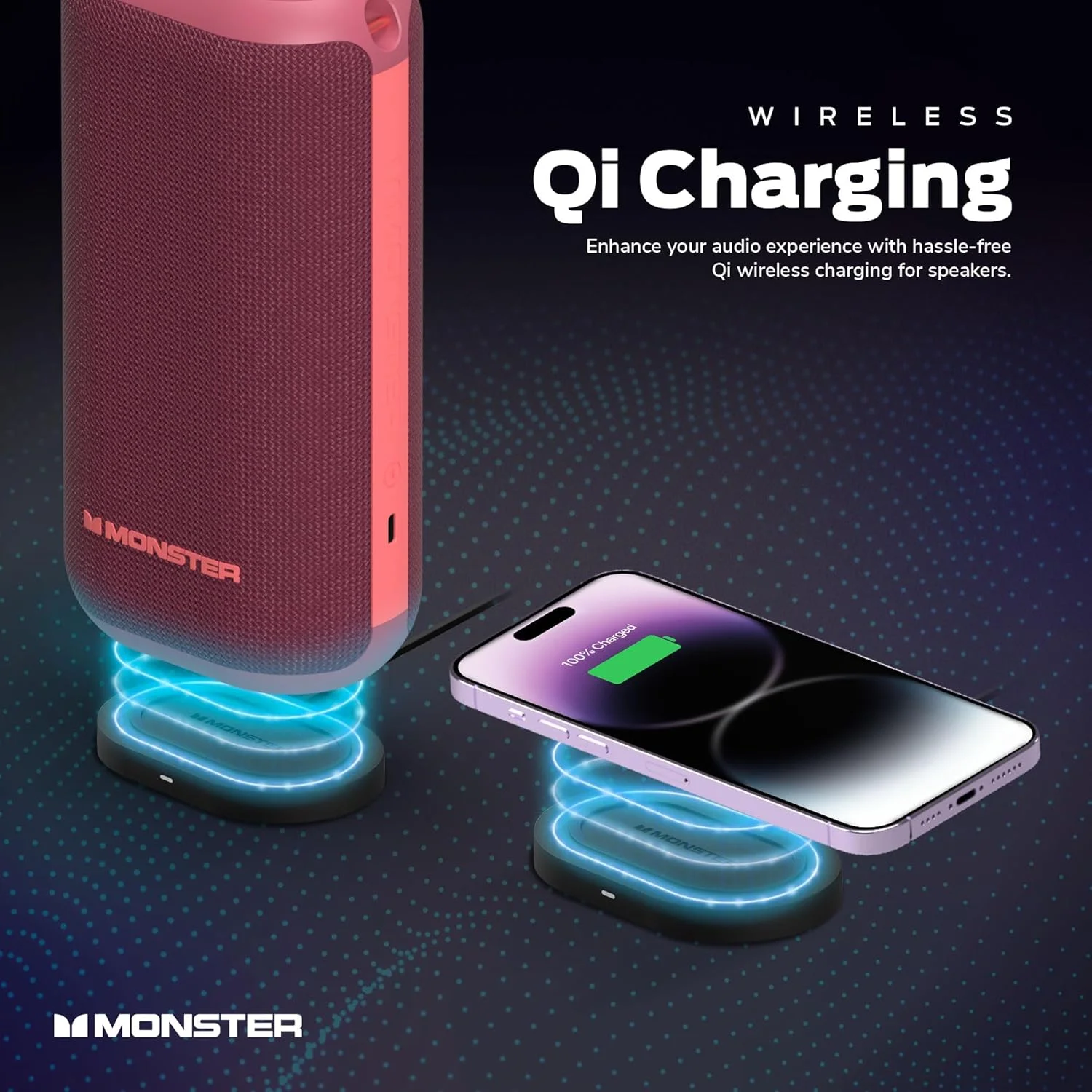 اسپیکر بلوتوثی قابل حمل Monster DNA One، اسپیکر قابل حمل قدرتمند با صدای باس 360 درجه و پد شارژ بی سیم 10 واتی Qi، ضد آب IP67 - مناسب برای مسافرت، استفاده در فضای داخلی و خارجی اسپیکر بلوتوثی قابل حمل Monster DNA One، اسپیکر قابل حمل قدرتمند با صدای باس 360 درجه و پد شارژ بی سیم 10 واتی Qi، ضد آب IP67 - مناسب برای مسافرت، استفاده در فضای داخلی و خارجی