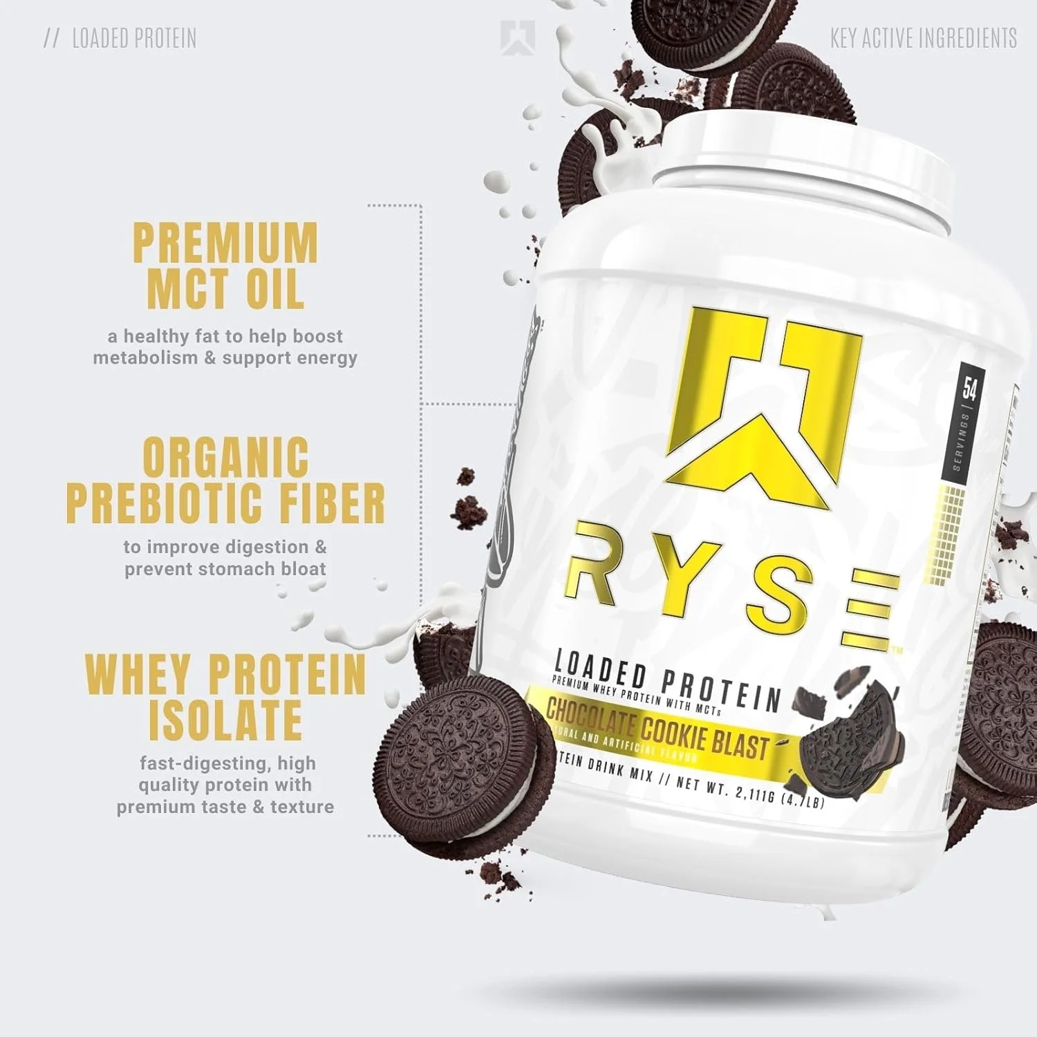 پروتئین وی لودد RYSE Up Supplements، (طعم انفجار کوکی شکلاتی، 54 سروینگ)، پروتئین وی ممتاز، 25 گرم پروتئین، وی ایزوله، فیبر پری‌بیوتیک، MCTs، هضم آسان