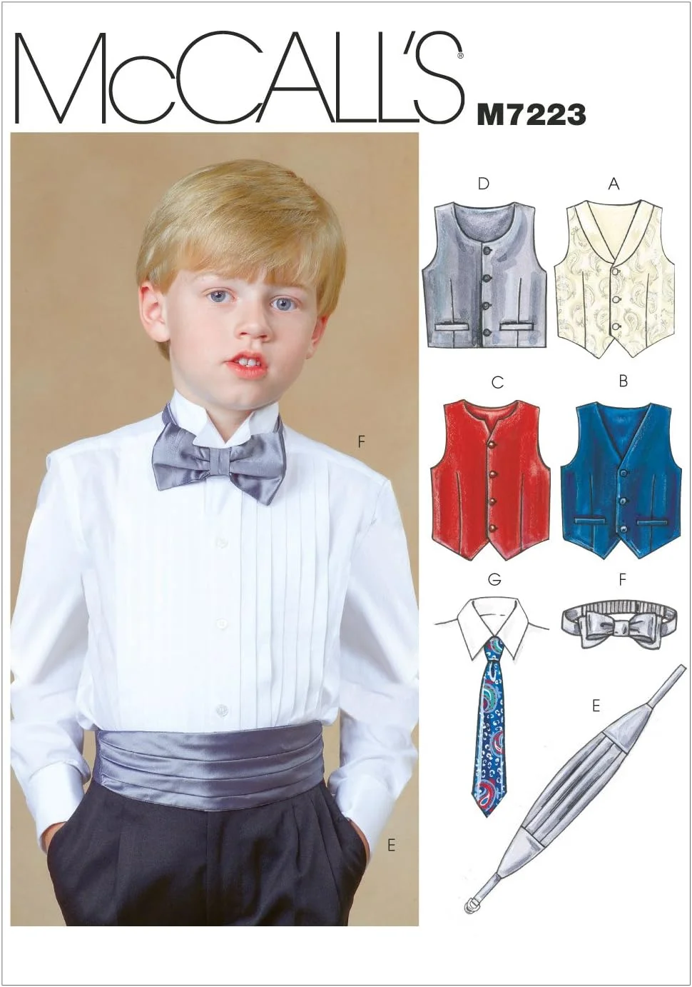 الگوهای خیاطی مک کالز 7223 CJ، جلیقه آستردار پسرانه/بچگانه، کمربند، پاپیون، سایزهای 10-12-14، CHJ