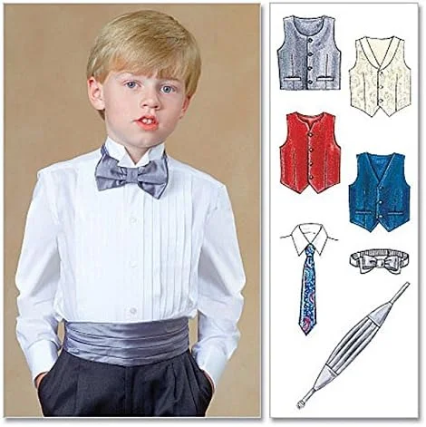 الگوهای خیاطی مک کالز 7223 CCE، جلیقه آستردار پسرانه/بچگانه، کمربند پهن، پاپیون گردنی، سایزهای 3-4-5-6