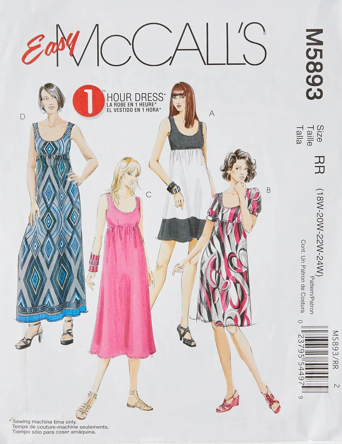 الگوهای خیاطی مک کالز M5893 سایز RR 18W-20W-22W-24W لباس زنانه در 4 قد مختلف، بسته 1 عددی، سفید