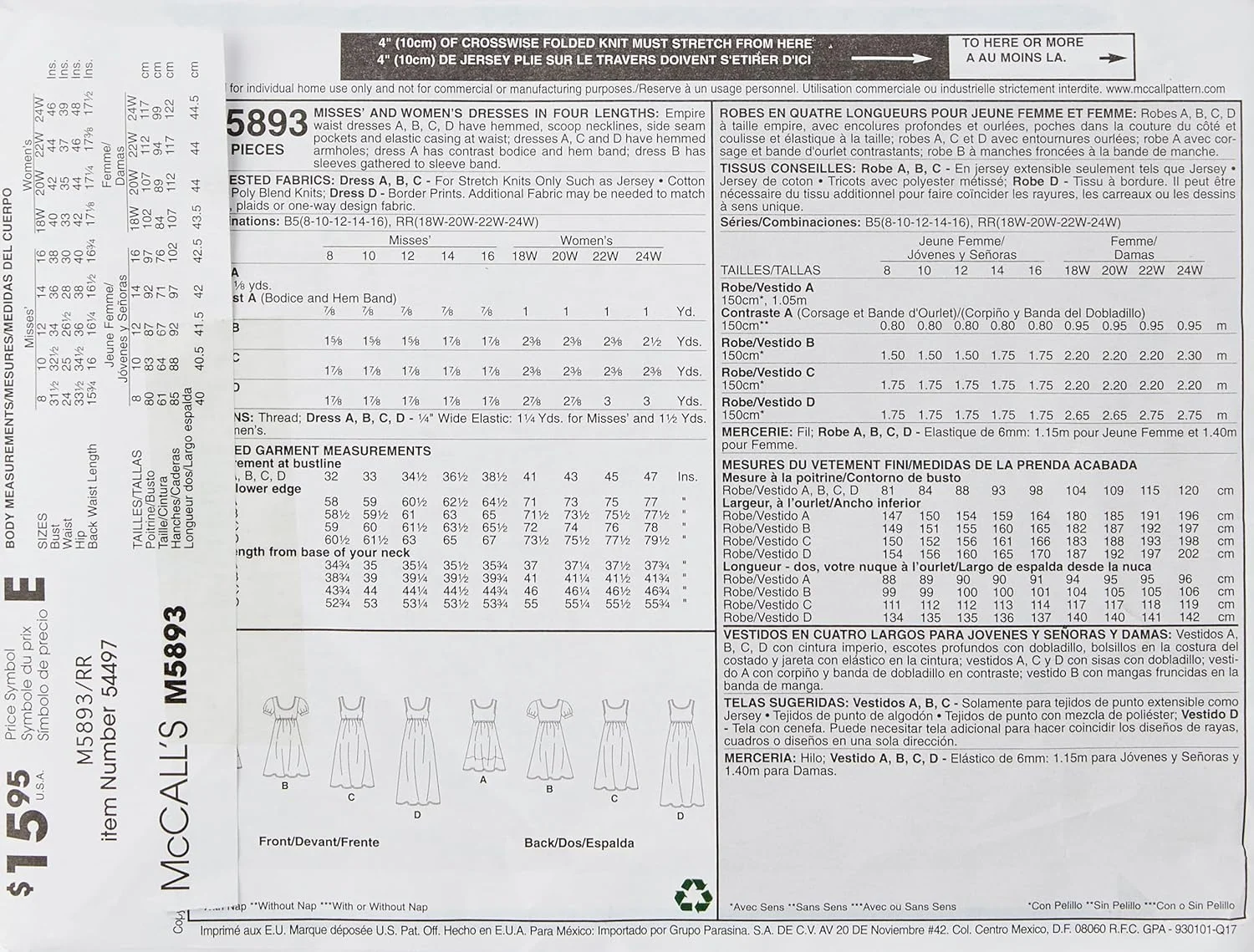 الگوهای خیاطی مک کالز M5893 سایز RR 18W-20W-22W-24W لباس زنانه در 4 قد مختلف، بسته 1 عددی، سفید