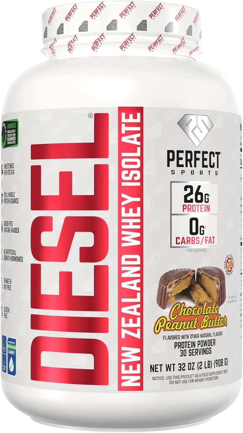 پروتئین وی ایزوله 100% نیوزلندی PERFECT SPORTS Diesel | شیرین شده با استویا، بدون مواد مصنوعی، کتو | 0 گرم کربوهیدرات، 0 گرم چربی، 26 گرم پروتئین | 2 پوند (کره بادام زمینی شکلاتی)