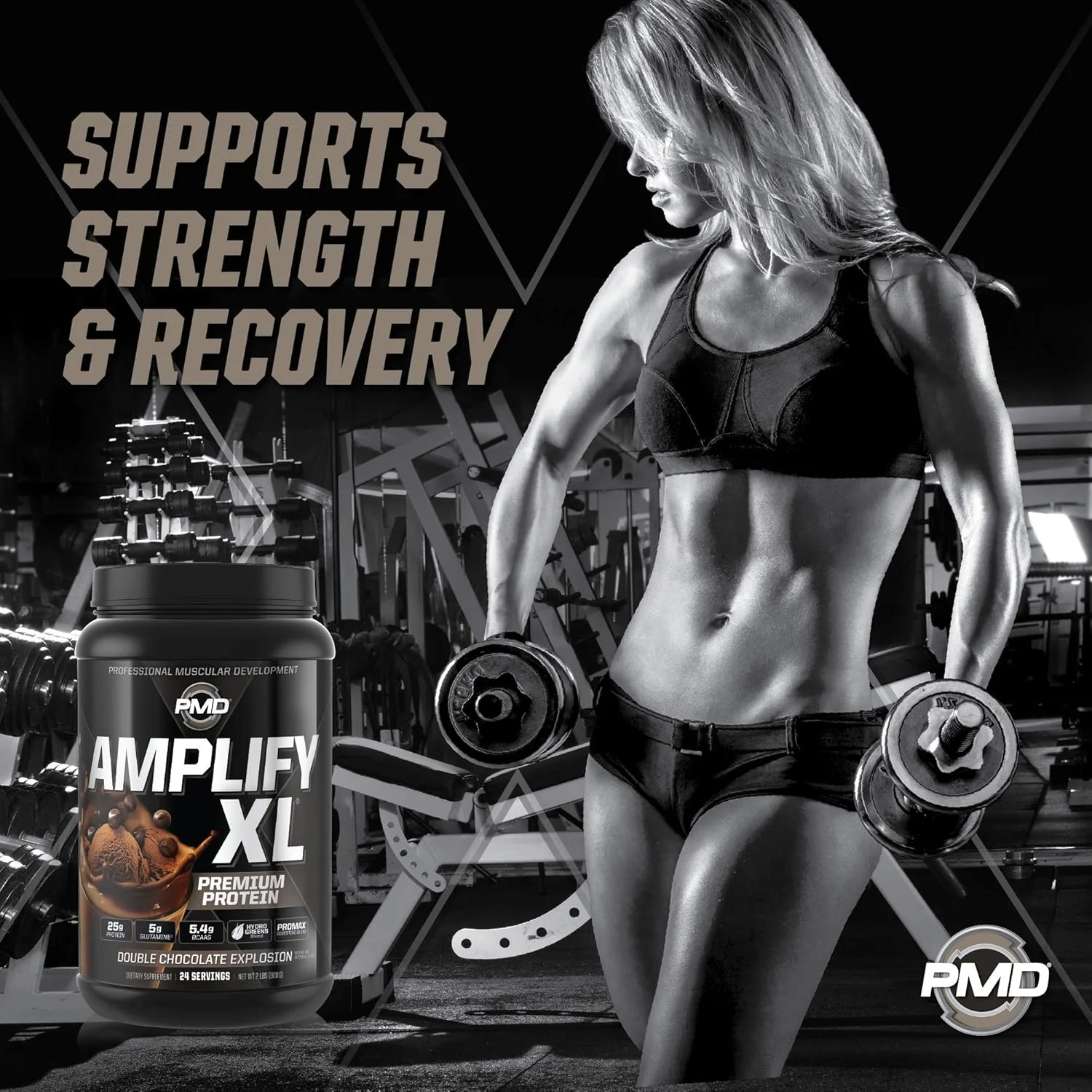 مکمل پروتئین وی ممتاز PMD Sports Amplify XL با ترکیب Hydro Greens - ماتریکس گلوتامین و پروتئین وی با سوپرفود برای عضله سازی، قدرت و ریکاوری - انفجار دبل شکلات (24 سروینگ)