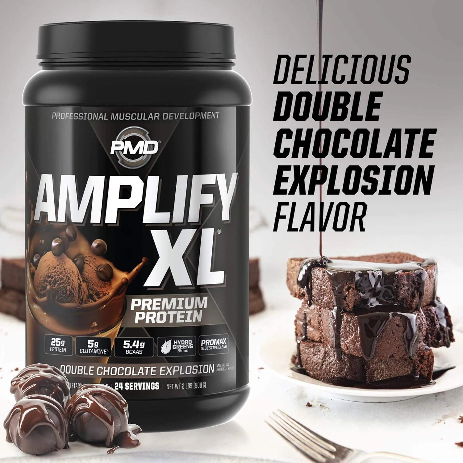 مکمل پروتئین وی ممتاز PMD Sports Amplify XL با ترکیب Hydro Greens - ماتریکس گلوتامین و پروتئین وی با سوپرفود برای عضله سازی، قدرت و ریکاوری - انفجار دبل شکلات (24 سروینگ)