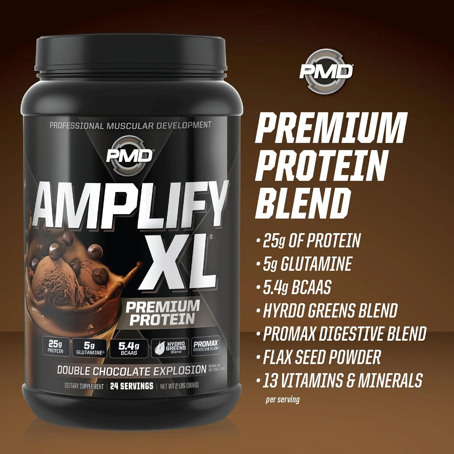مکمل پروتئین وی ممتاز PMD Sports Amplify XL با ترکیب Hydro Greens - ماتریکس گلوتامین و پروتئین وی با سوپرفود برای عضله سازی، قدرت و ریکاوری - انفجار دبل شکلات (24 سروینگ)