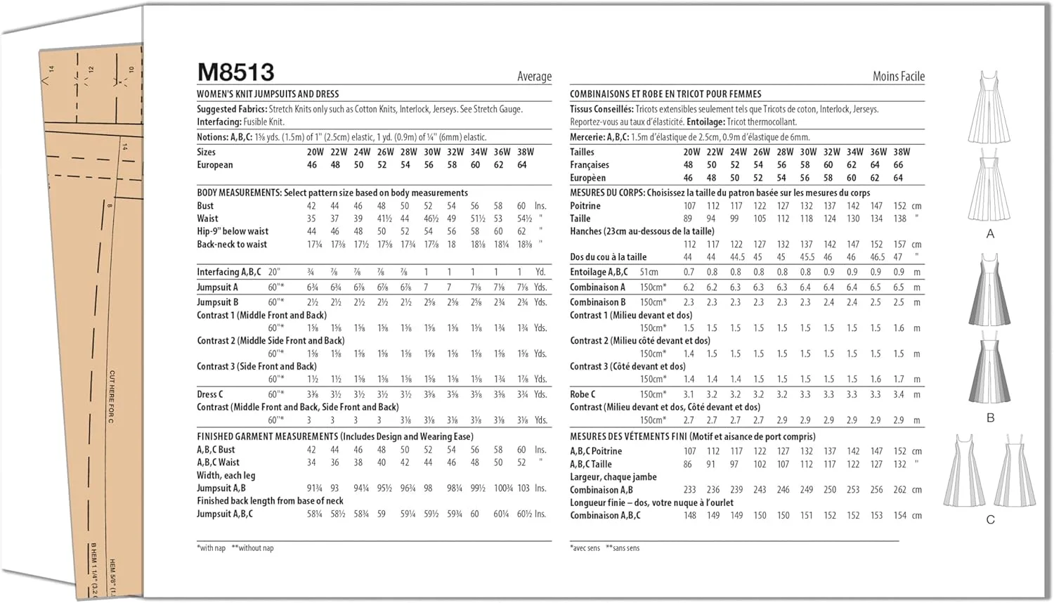 الگوی خیاطی زنانه مک کال M8513W2، جامپسوت و پیراهن بافتنی، سایز W2 (20W-22W-24W-26W-28W)