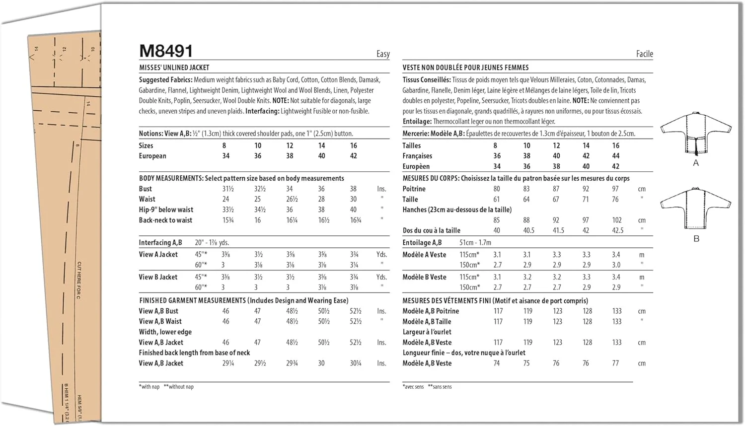 الگوی خیاطی McCall's M8491A ژاکت بدون آستر زنانه A (8-10-12-14-16)