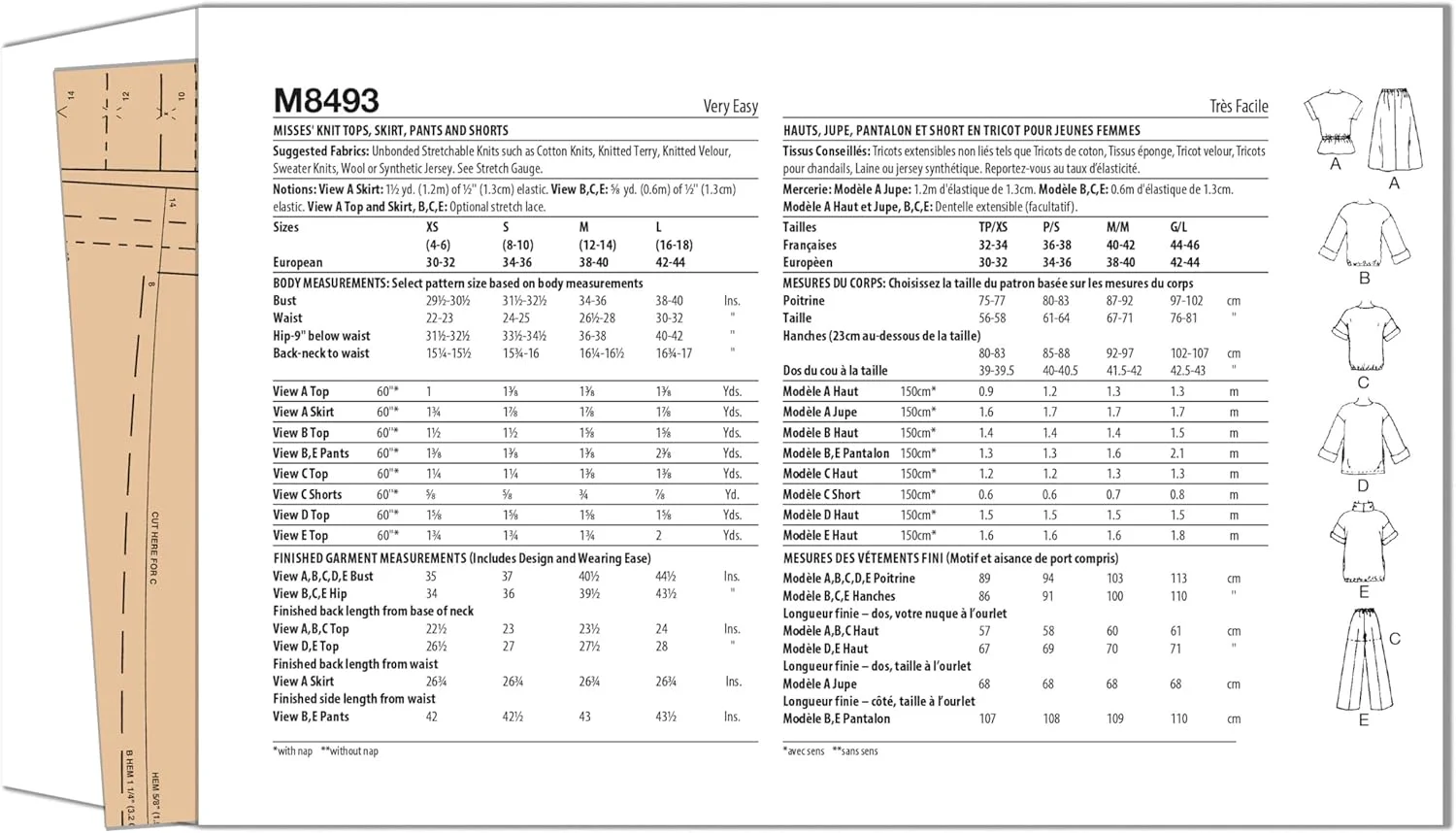 الگوی خیاطی McCall's M8493A تاپ، دامن، شلوار و شورت زنانه A (XS-S-M-L)