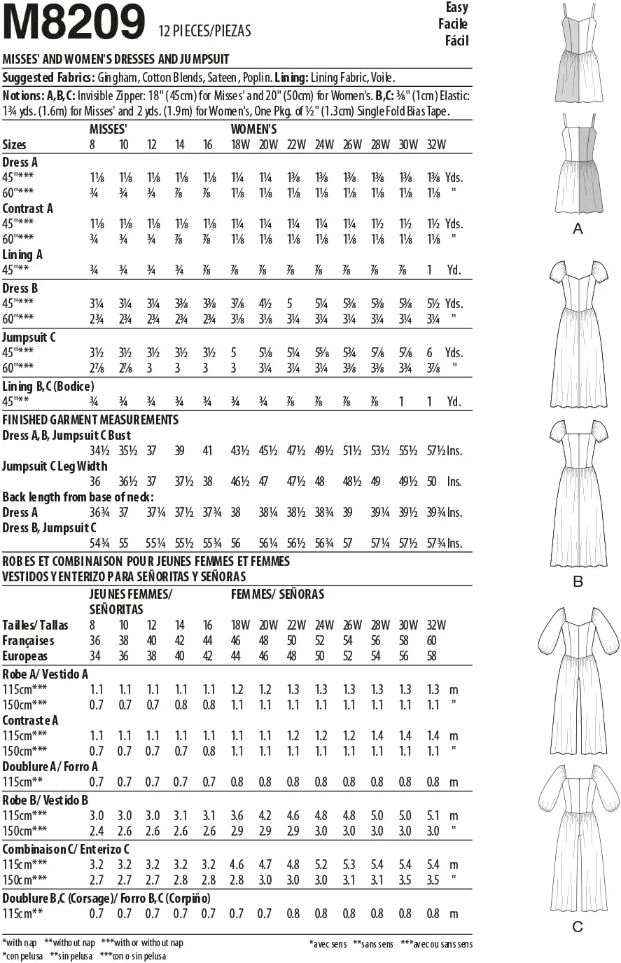 الگوی خیاطی McCall's M8209KK KK (26W-28W-30W-32W) لباس ها و سرهمی زنانه، چند رنگ