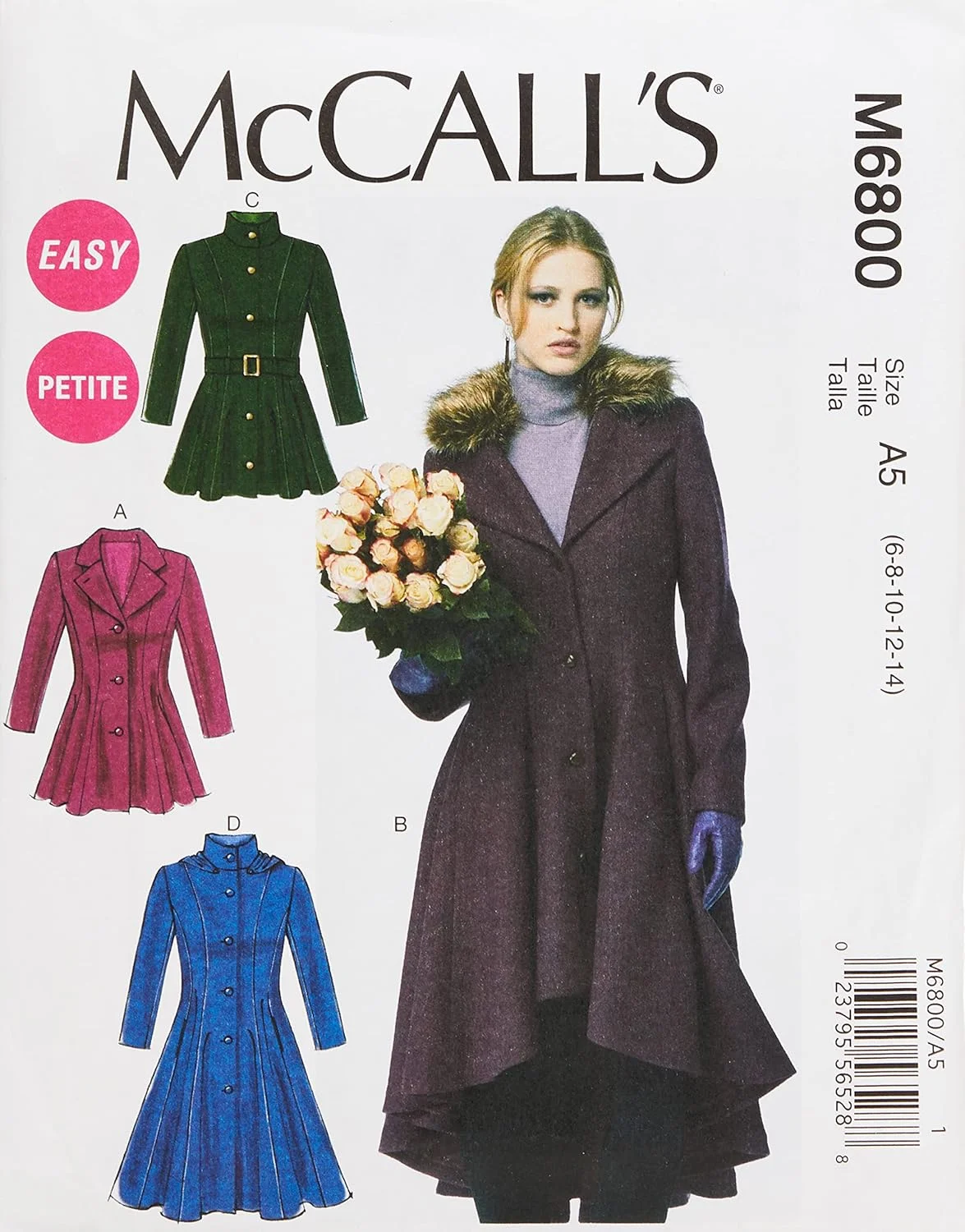 الگوی خیاطی کت های زنانه و دخترانه McCall's M6800، سایز A5 (6-8-10-12-14)، شامل کت های آستردار، کمربند، یقه و کلاه جداشدنی