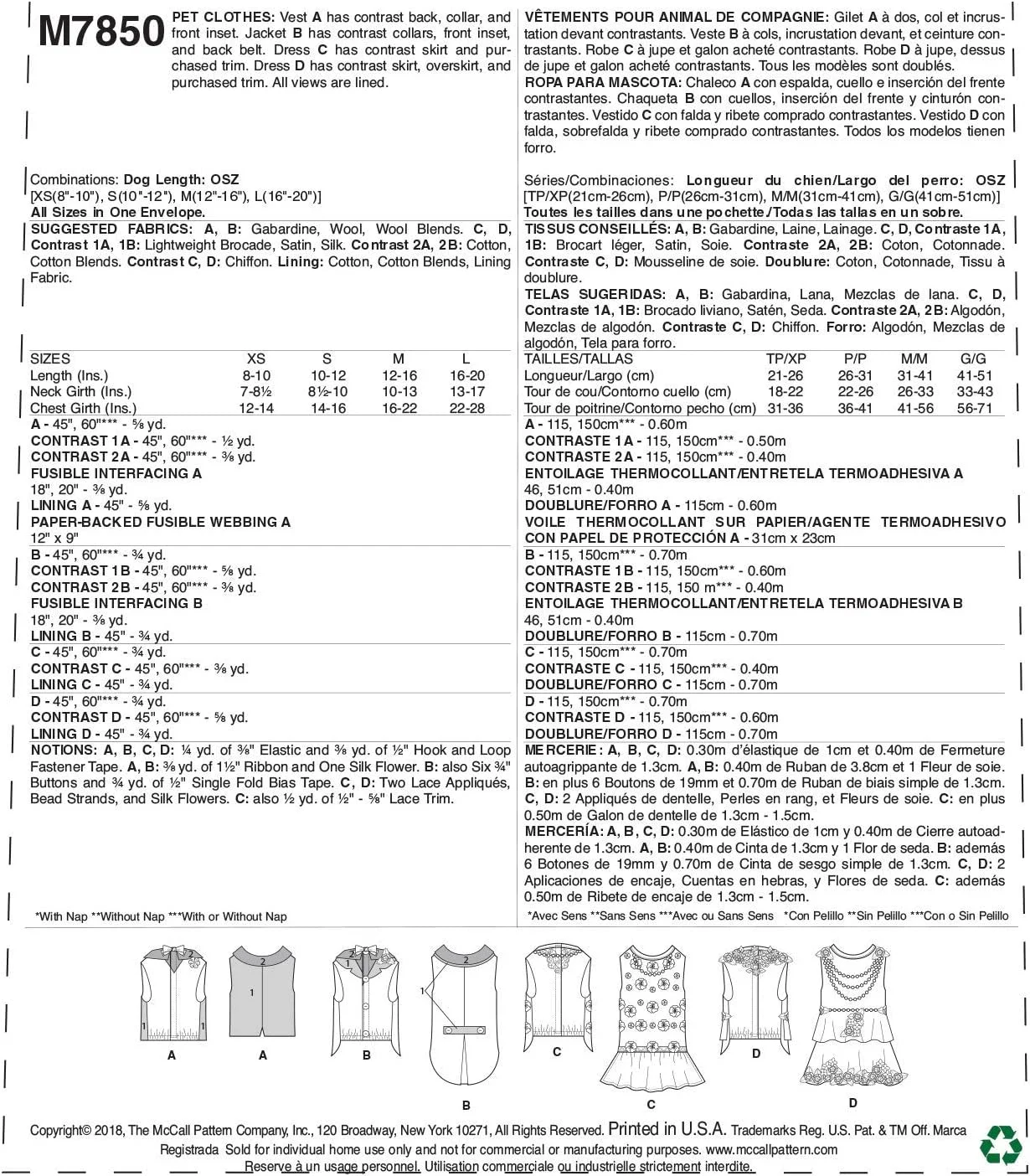الگوی خیاطی لباس حیوانات خانگی McCall's مدل M7850OSX، سایزهای XS-L، الگوی خیاطی، Osz الگوی خیاطی لباس حیوانات خانگی McCall's مدل M7850OSX، سایزهای XS-L، الگوی خیاطی، Osz