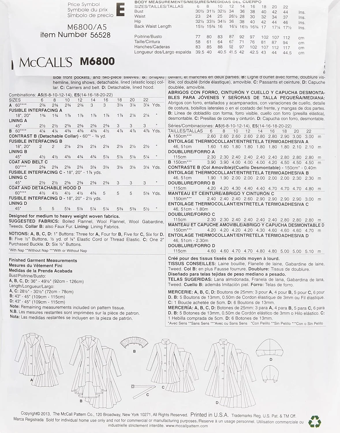 الگوی خیاطی کت های زنانه و دخترانه McCall's M6800، سایز A5 (6-8-10-12-14)، شامل کت های آستردار، کمربند، یقه و کلاه جداشدنی الگوی خیاطی کت های زنانه و دخترانه McCall's M6800، سایز A5 (6-8-10-12-14)، شامل کت های آستردار، کمربند، یقه و کلاه جداشدنی
