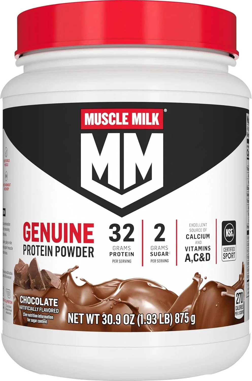 پودر پروتئین Muscle Milk Genuine، شکلاتی، 1.93 پوند، 12 سروینگ، 32 گرم پروتئین، 3 گرم شکر، کلسیم، ویتامین های A، C & D، دارای گواهی NSF برای ورزش، میان وعده انرژی زا، بسته بندی ممکن است متفاوت باشد