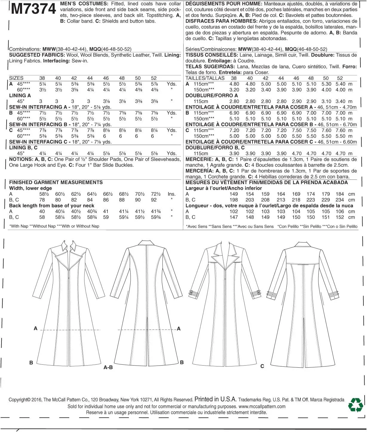 الگوی خیاطی مک کالز 7374، لباس مردانه، سایزهای 38-44، MWW (38-40-42-44) الگوی خیاطی مک کالز 7374، لباس مردانه، سایزهای 38-44، MWW (38-40-42-44)