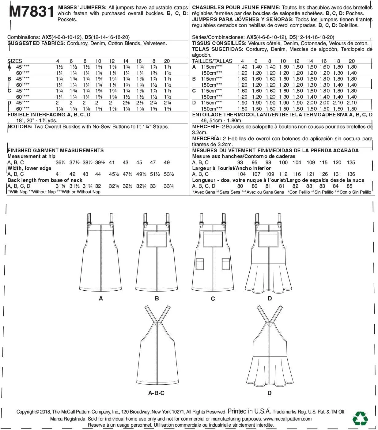 الگوی خیاطی جامپر زنانه McCall's مدل M7831، سایزهای 4-12 الگوی خیاطی جامپر زنانه McCall's مدل M7831، سایزهای 4-12