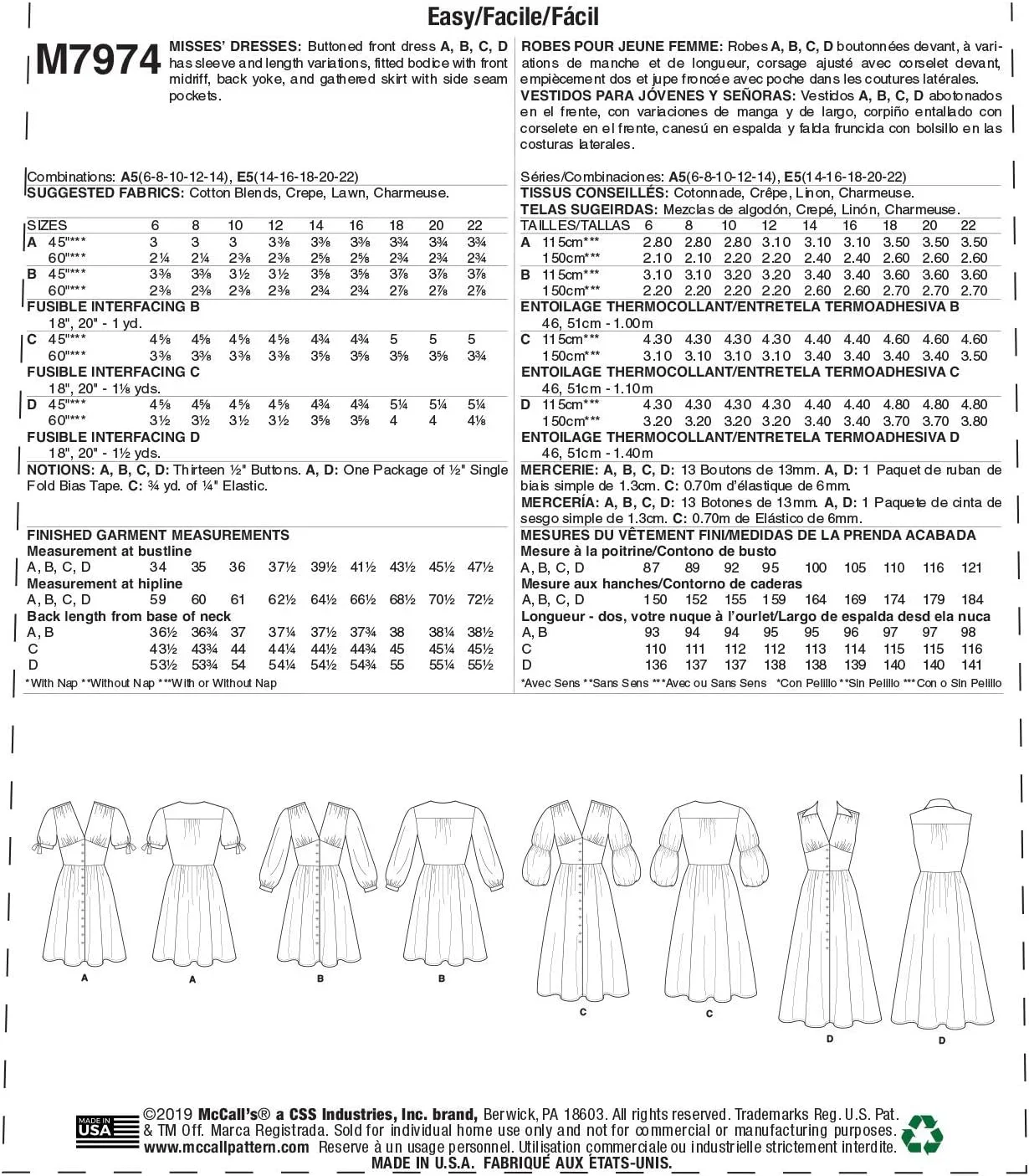 الگوهای خیاطی لباس دکمه دار آستین حلقه ای و آستین کوتاه زنانه شرکت مک کال، سایزهای 14-22، سفید