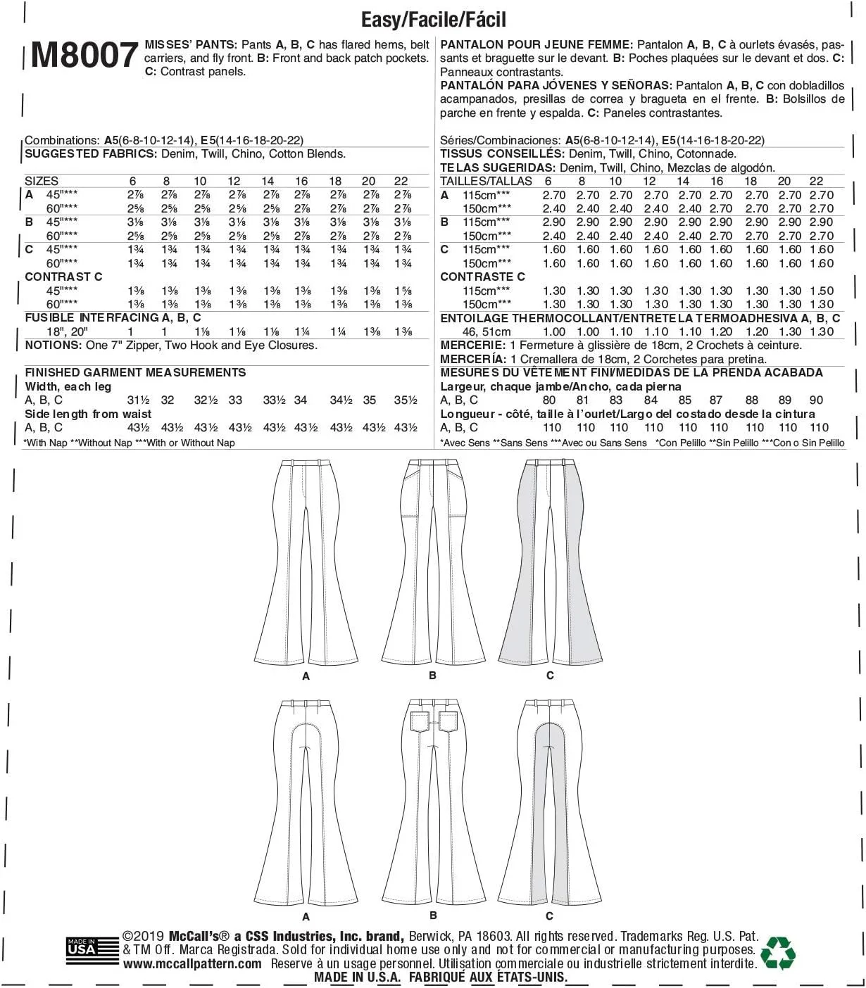 الگوهای خیاطی شلوار دمپا گشاد زنانه McCall's Pattern Company، سایزهای 14-22، آبی