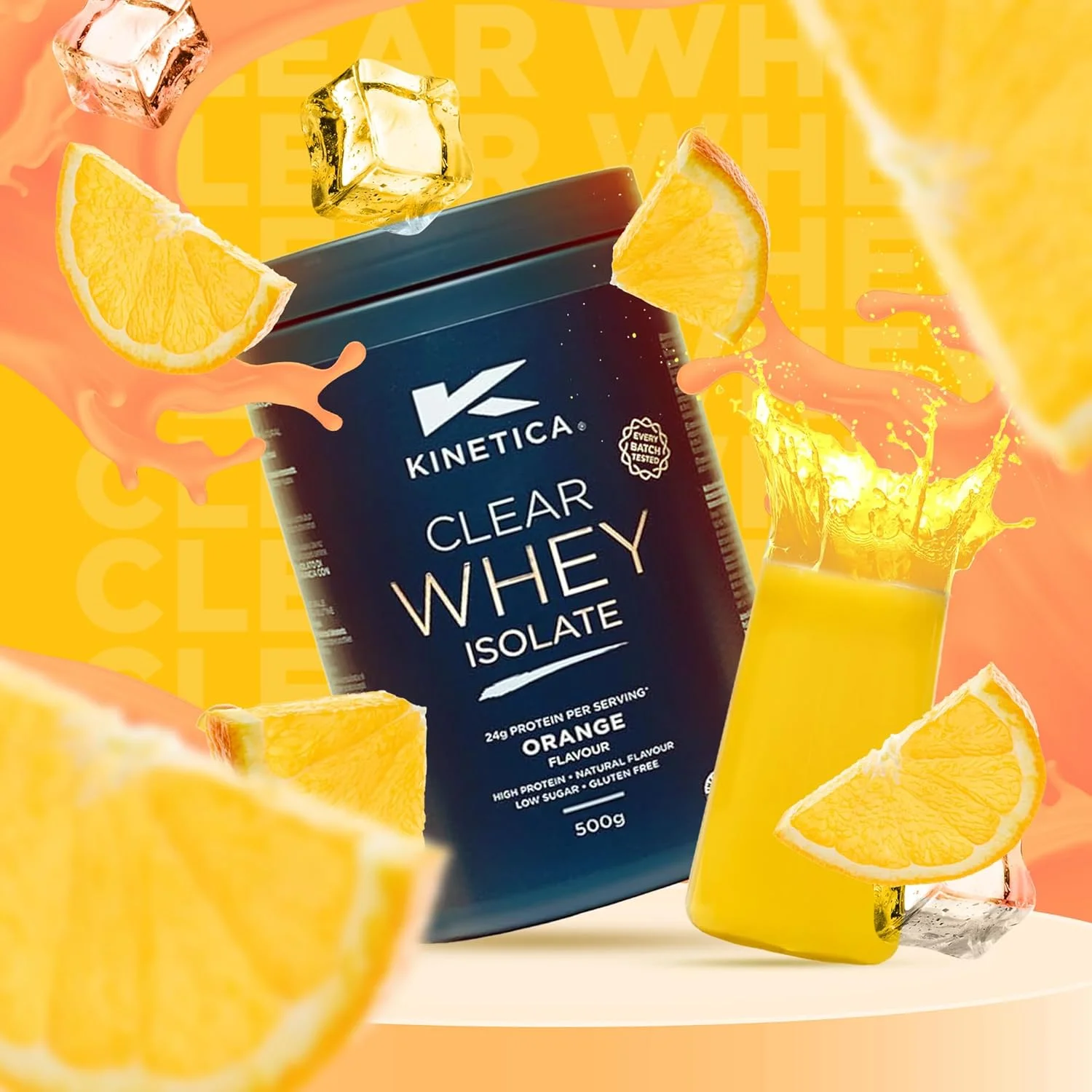 پروتئین وی ایزوله شفاف کینتیکا اسپورتس - طعم پرتقال | 24 گرم پروتئین وی ایزوله در هر سروینگ، 15 سروینگ در هر بسته 500 گرمی | دارای آمینو اسیدهای طبیعی | کم لاکتوز | به خوبی با آب مخلوط می شود