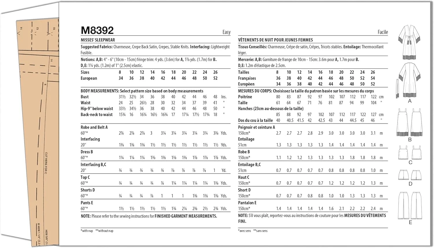 الگوی خیاطی آسان برای دوخت لباس خواب زنانه مک کال، شامل روپوش، پیراهن، تاپ، شورت و شلوار، کد طراحی M8392، سایزهای 18-20-22-24-26