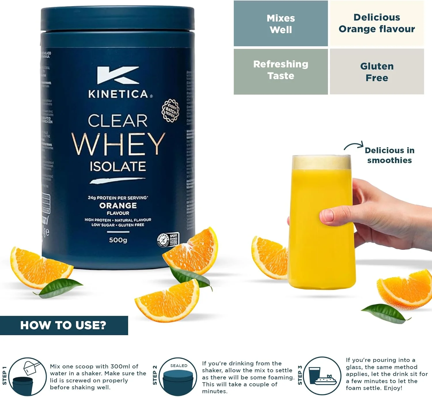 پروتئین وی ایزوله شفاف کینتیکا اسپورتس - طعم پرتقال | 24 گرم پروتئین وی ایزوله در هر سروینگ، 15 سروینگ در هر بسته 500 گرمی | دارای آمینو اسیدهای طبیعی | کم لاکتوز | به خوبی با آب مخلوط می شود