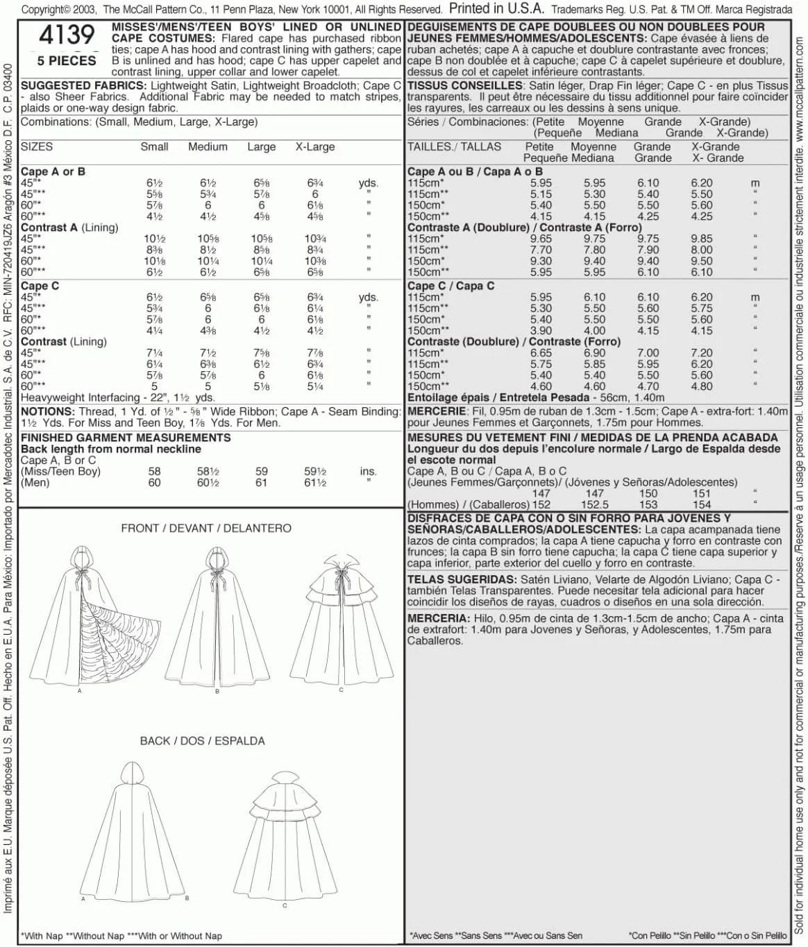 الگوی خیاطی شنل مدل McCall's M4139 مناسب خانم ها/آقایان/نوجوانان پسرانه، آستر دار و بدون آستر، سایز OSZ (تک سایز) الگوی خیاطی شنل مدل McCall's M4139 مناسب خانم ها/آقایان/نوجوانان پسرانه، آستر دار و بدون آستر، سایز OSZ (تک سایز)