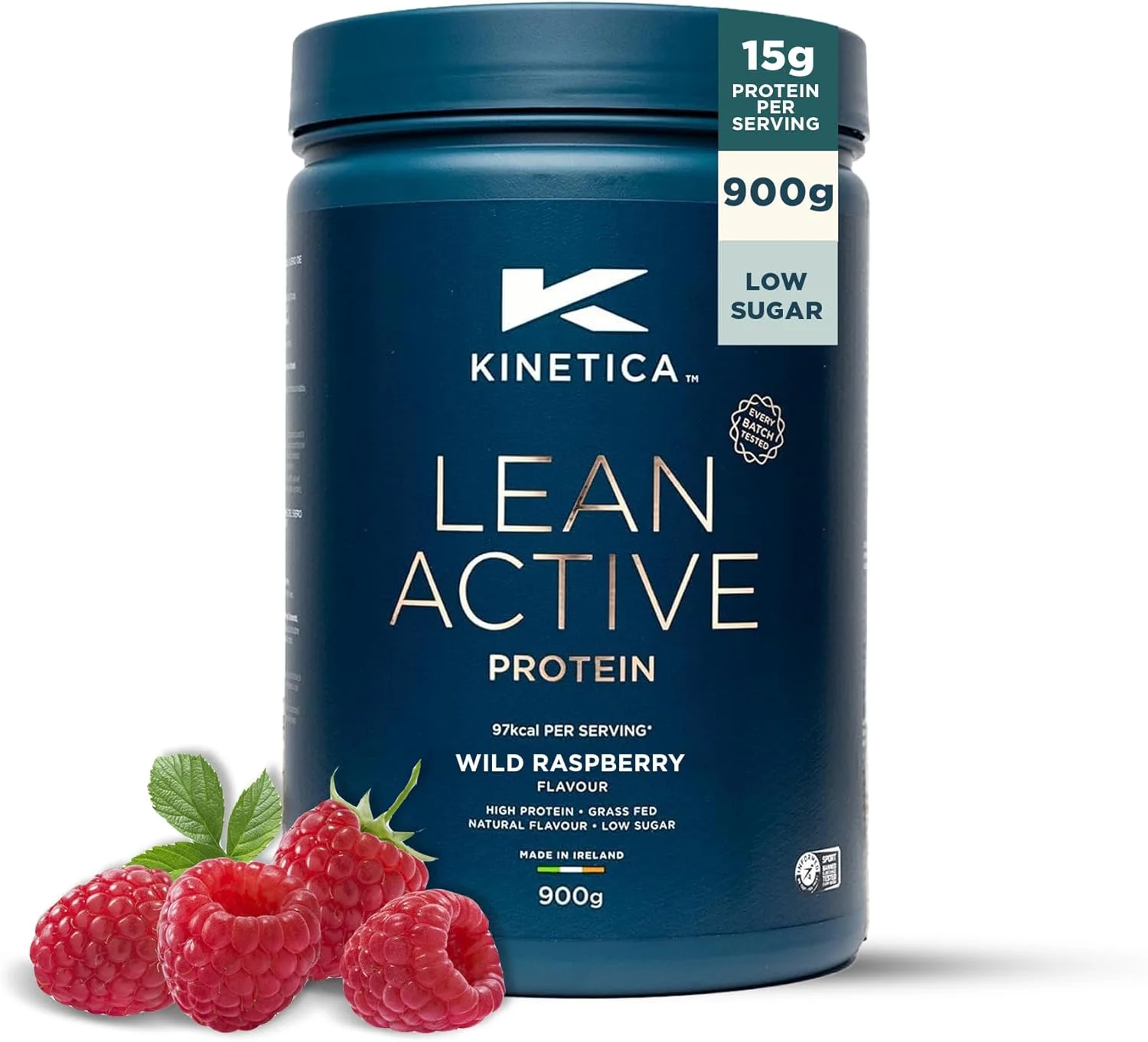 پودر پروتئین فعال بدون چربی کینتیکا اسپورتس - طعم تمشک وحشی | 16 گرم پروتئین در هر وعده، 36 وعده در هر بسته 900 گرمی | سرشار از فیبر و پروتئین با عصاره چای سبز | کم چرب و شکر | قابلیت اختلاط آسان