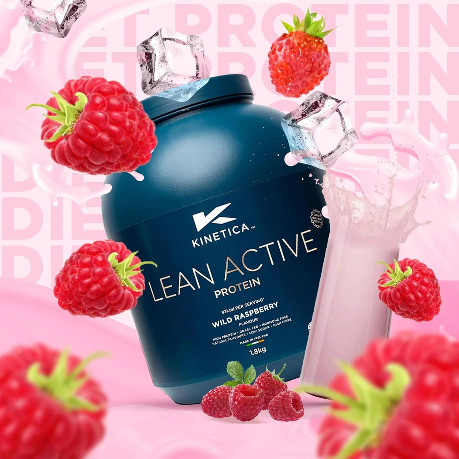 پودر پروتئین فعال کم چرب Kinetica Sports - طعم تمشک وحشی | 15 گرم پروتئین در هر وعده، 72 وعده در هر بسته 1.8 کیلوگرمی | سرشار از فیبر و پروتئین با عصاره چای سبز | کم چرب و شکر | قابلیت اختلاط آسان