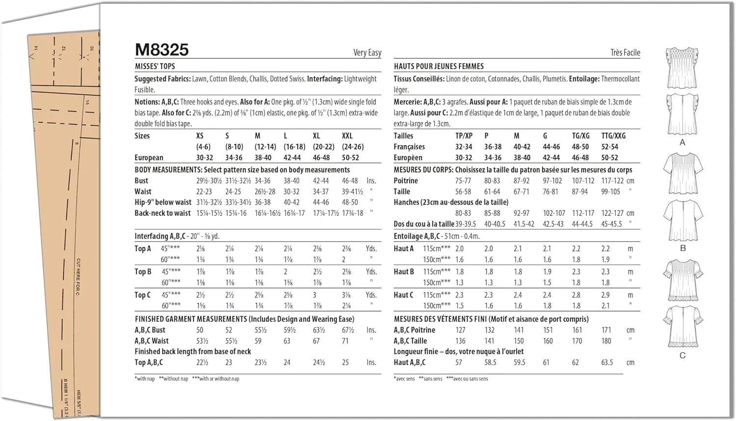 کیت الگوی خیاطی تاپ زنانه مک کالز، کد طراحی M8325، سایزهای XSM-SML-MED