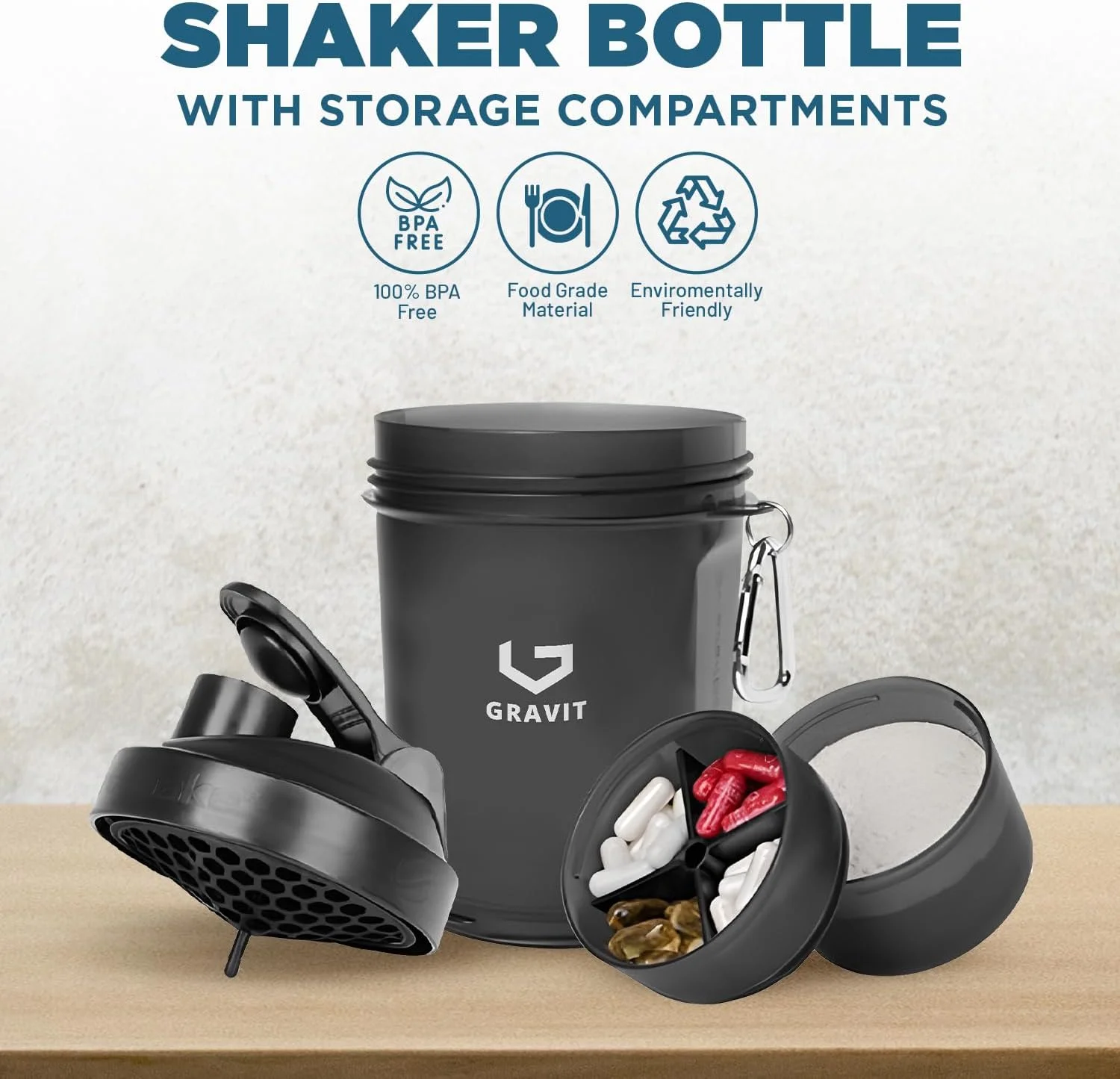 بطری شیکر پروتئین 3 لایه GRAVIT 550ml، فاقد BPA، لیوان شیکر باشگاه با محفظه نگهداری مکمل و پودر، میکسر ضد نشت برای شیک های پروتئینی، اسموتی ها، قبل از تمرین، دفتر و ورزش (ست 2 تکه، مشکی) بطری شیکر پروتئین 3 لایه GRAVIT 550ml، فاقد BPA، لیوان شیکر باشگاه با محفظه نگهداری مکمل و پودر، میکسر ضد نشت برای شیک های پروتئینی، اسموتی ها، قبل از تمرین، دفتر و ورزش (ست 2 تکه، مشکی)