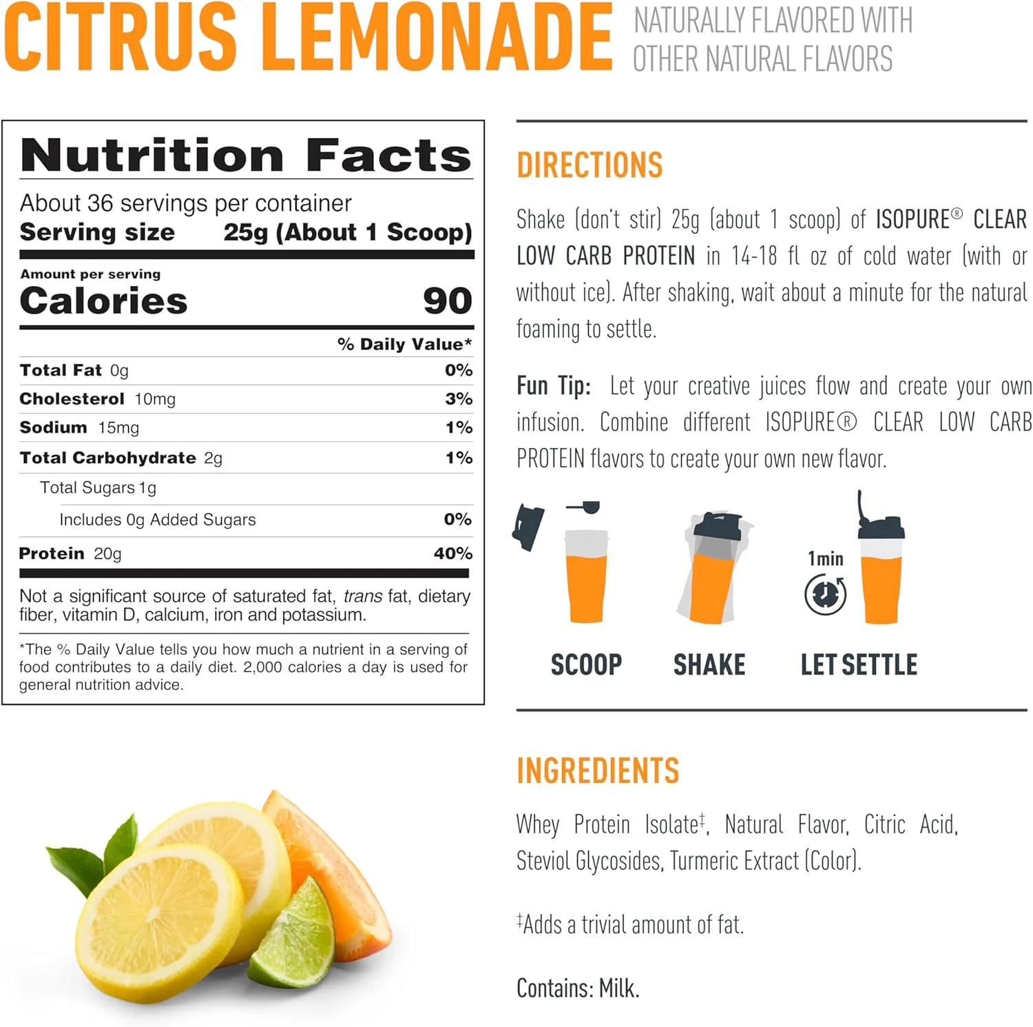 ایزوپیر اینفیوژنز، پودر پروتئین وی ایزوله با طعم میوه ای با طراوت، "به شدت تکان دهید و در یک دقیقه دم بکشد"، لیموناد مرکبات، 36 سروینگ ایزوپیر اینفیوژنز، پودر پروتئین وی ایزوله با طعم میوه ای با طراوت، "به شدت تکان دهید و در یک دقیقه دم بکشد"، لیموناد مرکبات، 36 سروینگ