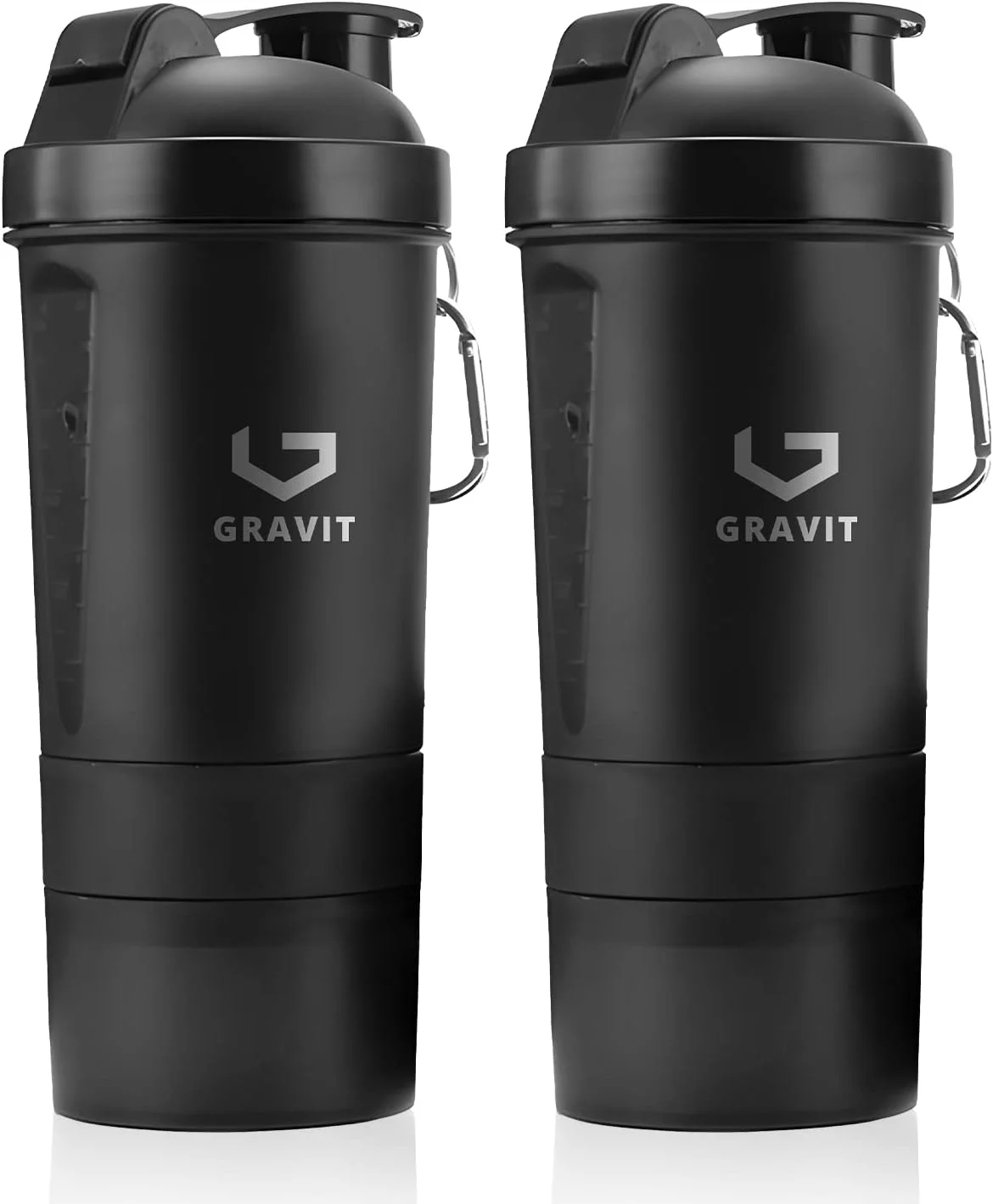 بطری شیکر پروتئین 3 لایه GRAVIT، 550 میلی لیتر، فاقد BPA، لیوان شیکر باشگاه با محفظه نگهداری مکمل و پودر، میکسر ضد نشت برای شیک های پروتئینی، اسموتی ها، قبل از تمرین، دفتر و ورزش (ست 2 تکه، مشکی)