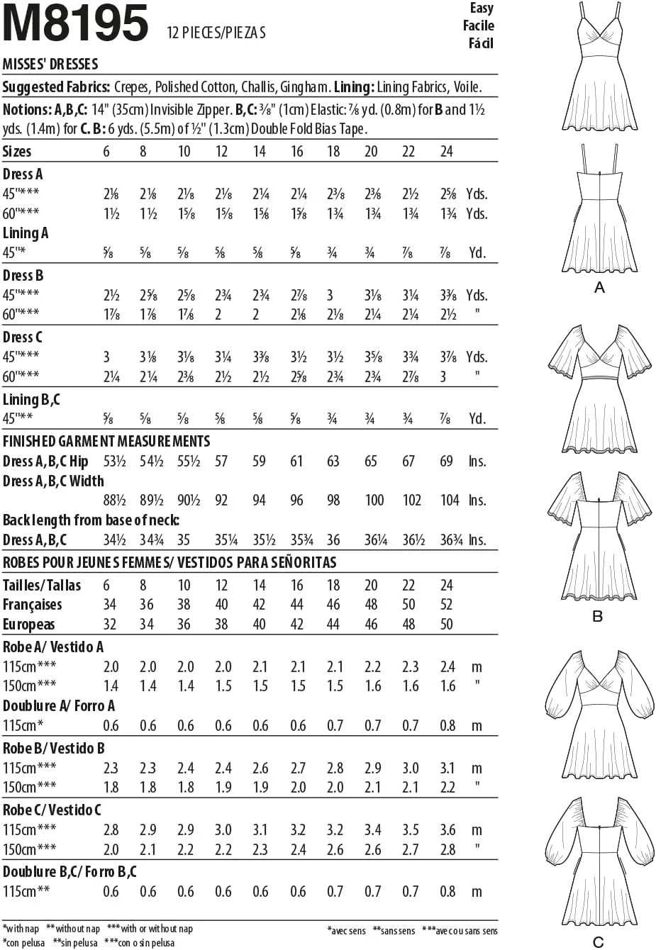 الگوی خیاطی لباس فون زنانه مک کالز، کد M8195، سایزهای 6-8-10-12-14، چند رنگ