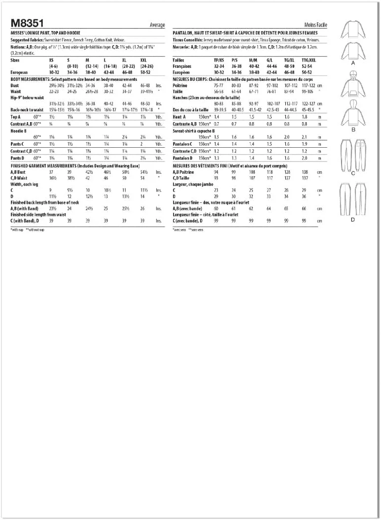 الگوی خیاطی شلوار راحتی، تاپ و هودی زنانه مک کالز، کد طراحی M8351، سایزهای XSM-SML-MED الگوی خیاطی شلوار راحتی، تاپ و هودی زنانه مک کالز، کد طراحی M8351، سایزهای XSM-SML-MED