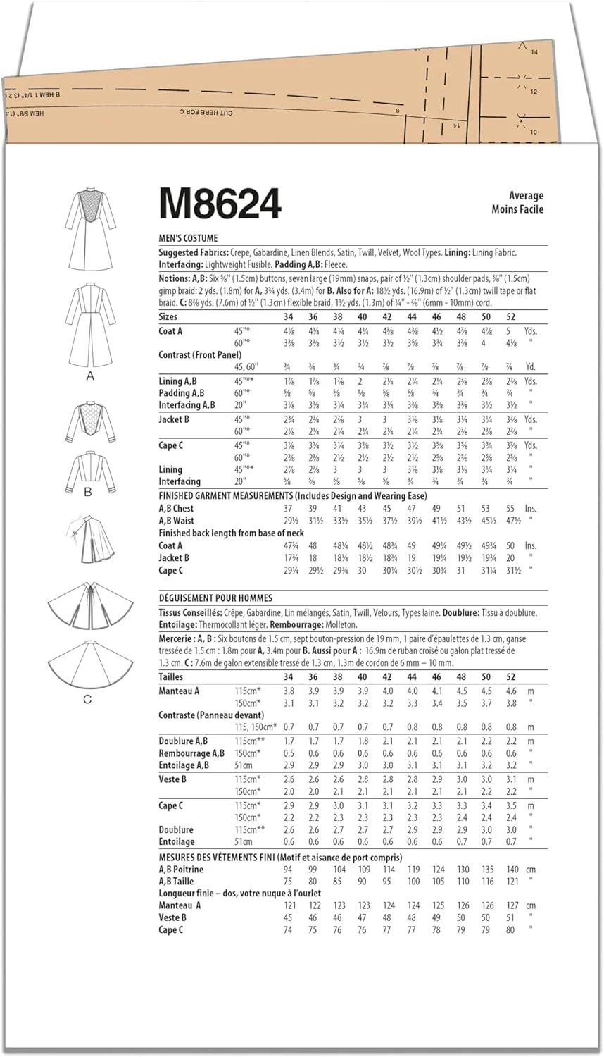 الگوی خیاطی کت مردانه مدل McCall's M8624AA، آستر دار و فیت، کد طراحی M8624، سایزهای 34-36-38-40-42