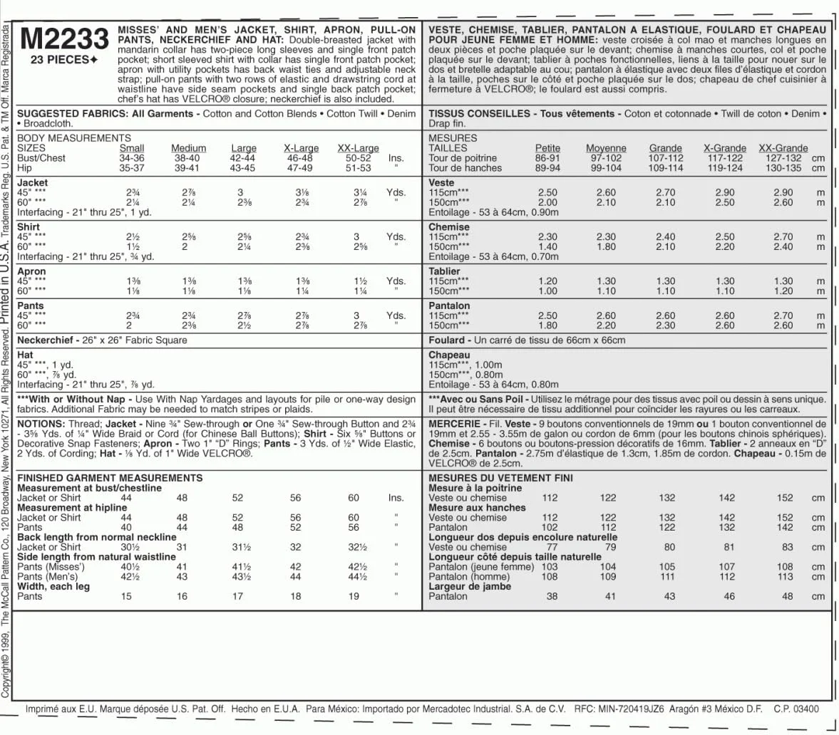 الگوی خیاطی مک کالز (MED) - کت، پیراهن، پیش بند، شلوار کشی زنانه و مردانه، (M)