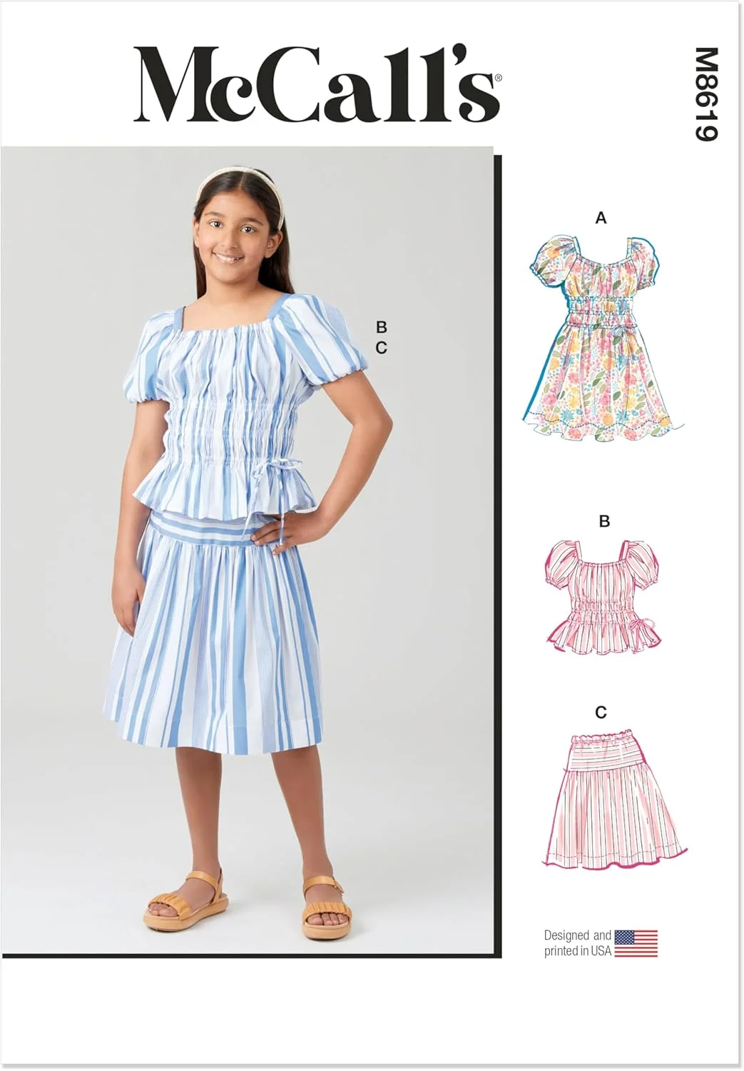 الگوی خیاطی آسان برای دوخت لباس، تاپ و دامن گشاد چین‌دار دخترانه McCall's M8619A، کد طراحی M8619، سایزهای 7-8-10-12-14