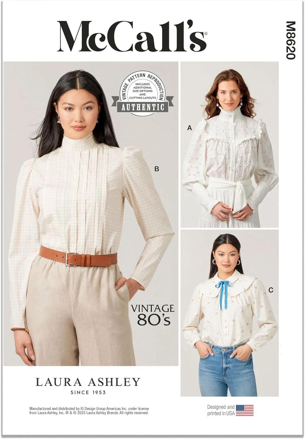 الگوی خیاطی آسان برای دوخت بلوز دکمه دار زنانه McCall's M8620A توسط Laura Ashley، کد طراحی M8620، سایزهای 6-8-10-12-14