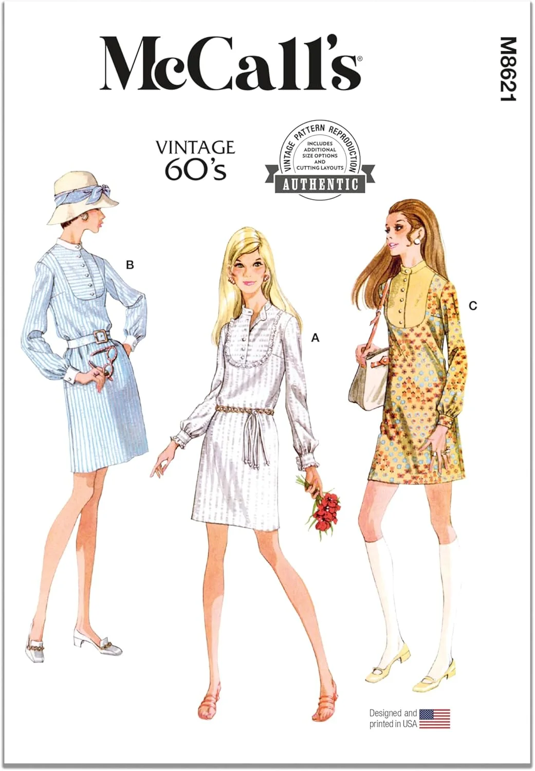 الگوی خیاطی آسان برای پیراهن های زنانه مدل قدیمی دهه 1960 McCall's M8621K5، کد طراحی M8621، سایزهای 8-10-12-14-16