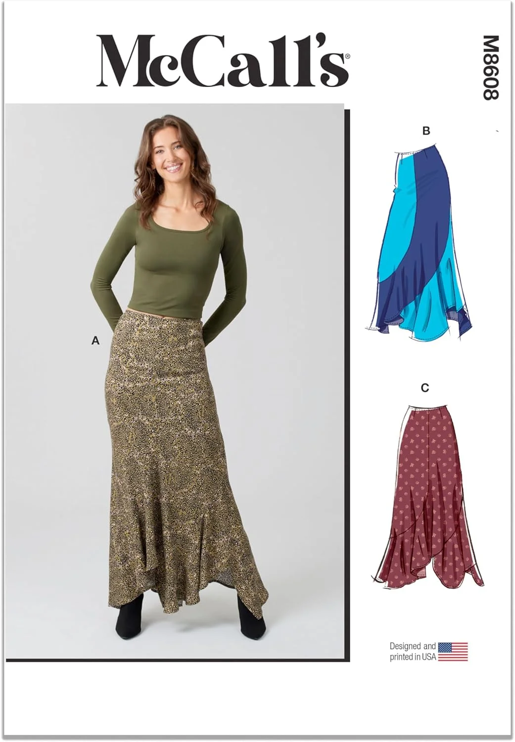 الگوی خیاطی دامن نامتقارن و چسبان تا مچ پا زنانه مک کالز M8608K5، کد طراحی M8608، سایزهای 8-10-12-14-16