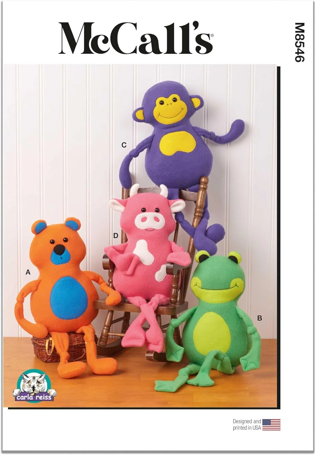 الگوی خیاطی حیوانات پولیشی مک کالز M8546OS خرس، قورباغه، میمون و گاو اثر کارلا ریس، کد طراحی M8546، سایز 17 اینچ
