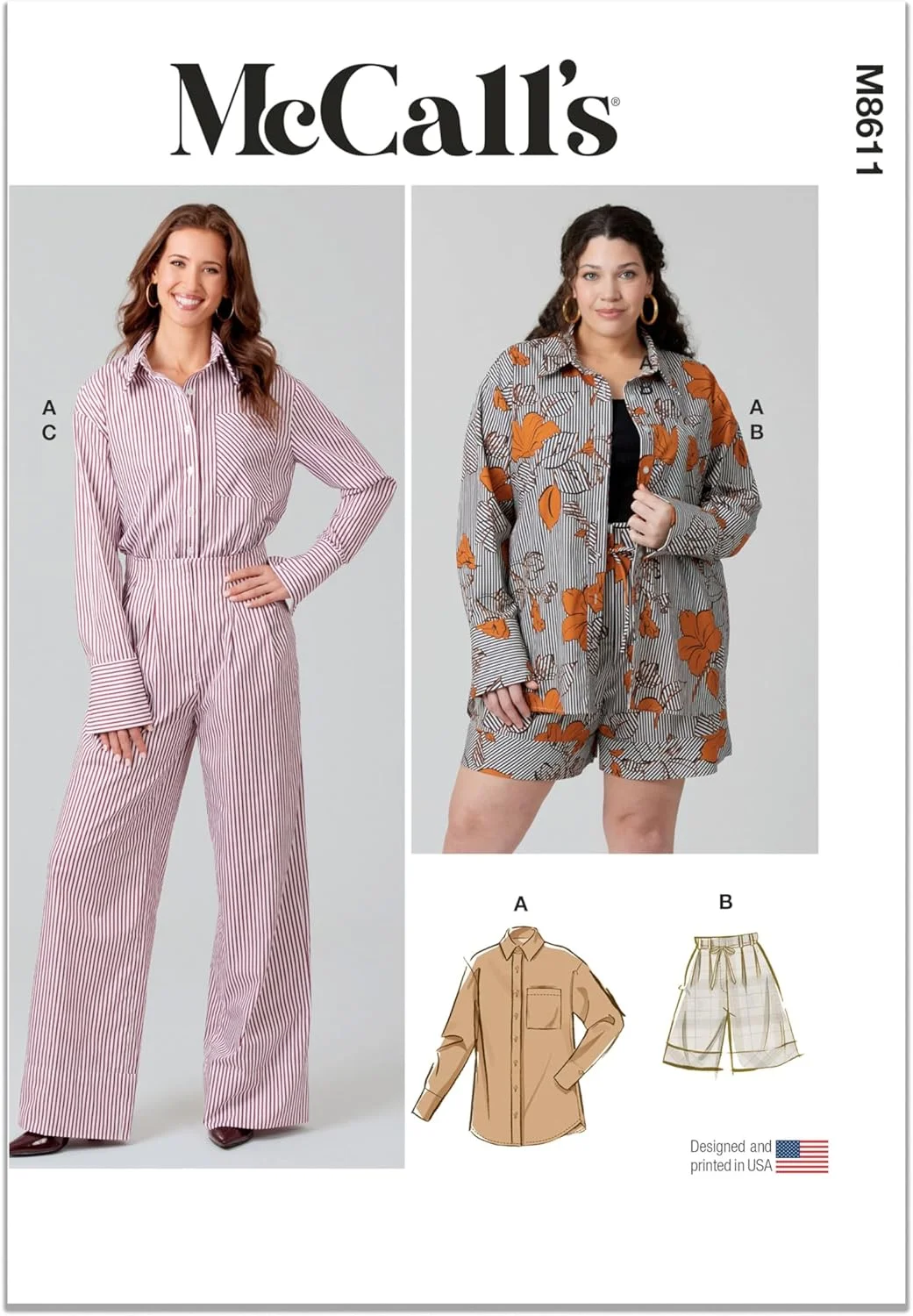 الگوی خیاطی پیراهن نیمه جذب زنانه McCall's M8611AA، شورت و شلوار فاق بلند، کد طراحی M8611، سایزهای 10-12-14-16-18
