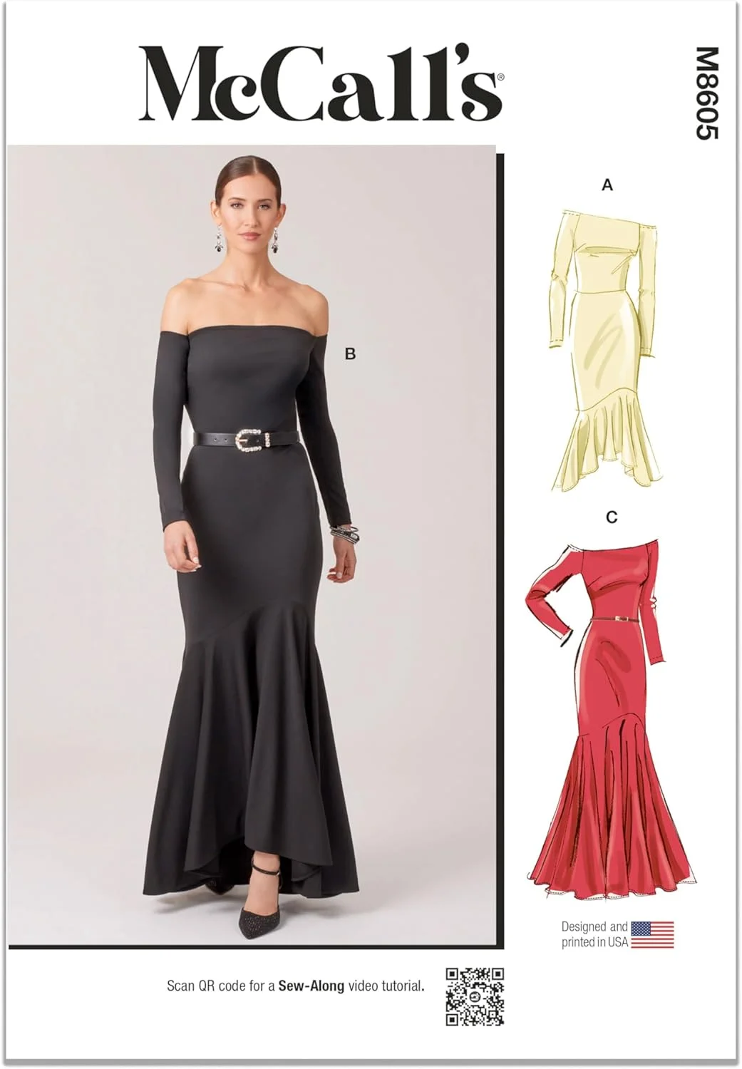الگوی خیاطی لباس مجلسی ترومپت تنگ و چسبان زنانه McCall's M8605D5 با سرشانه‌های باز، کد طراحی M8605، سایزهای 4-6-8-10-12