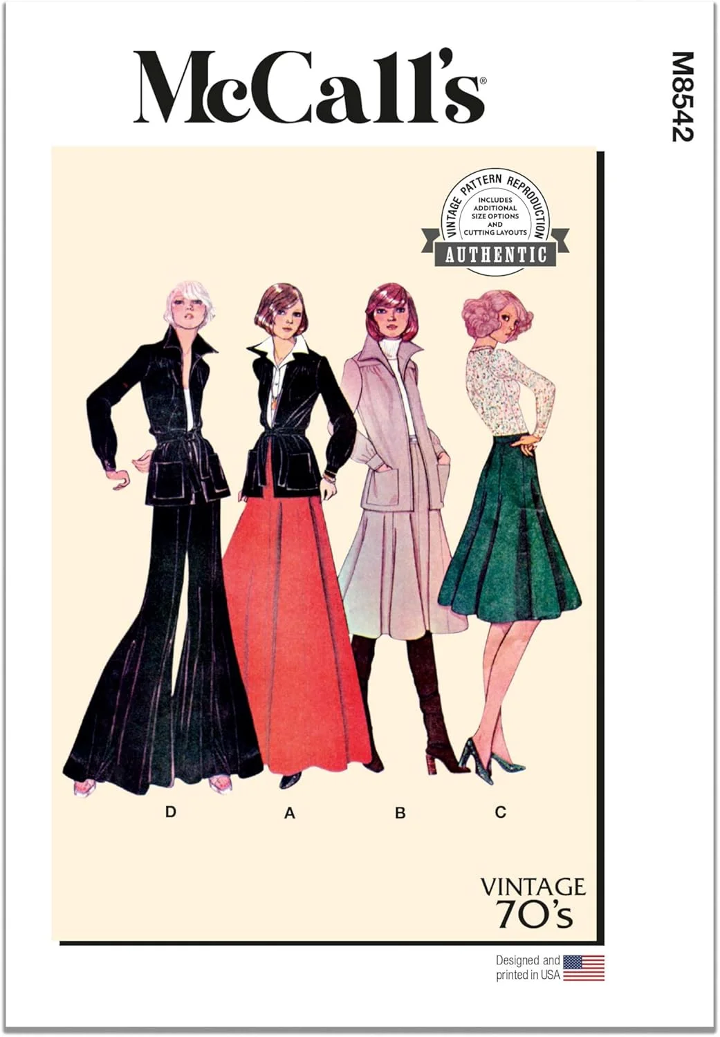 الگوی خیاطی کت یوک دار، دامن و شلوار دهه 1970 زنانه McCall's M8542A، کد طراحی M8542، سایزهای 6-8-10-12-14-16