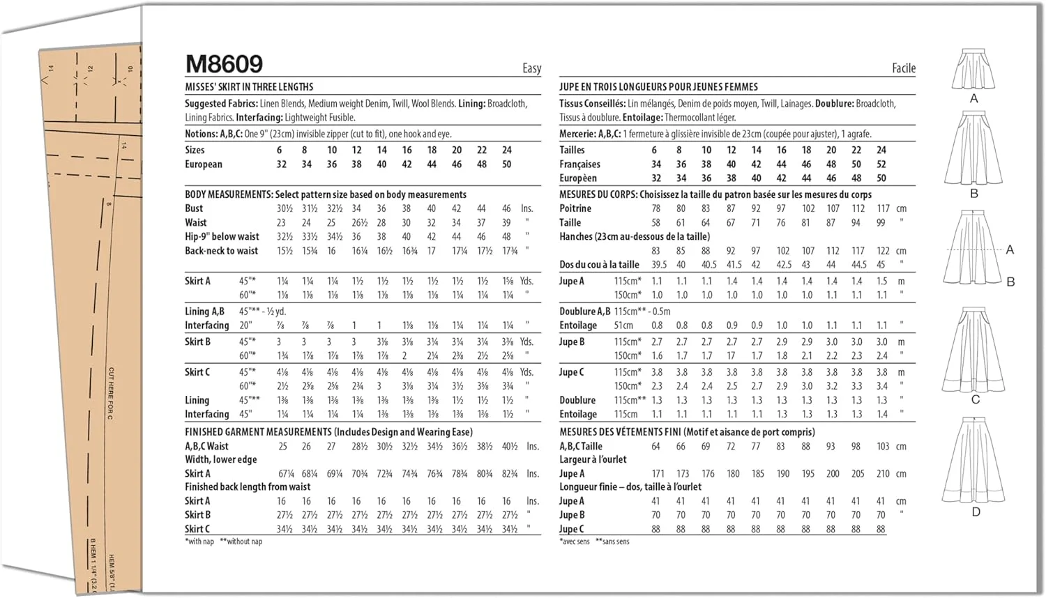 الگوی خیاطی دامن کلوش آسان دوز زنانه مک کالز M8609U5، کد طراحی M8609، سایزهای 16-18-20-22-24