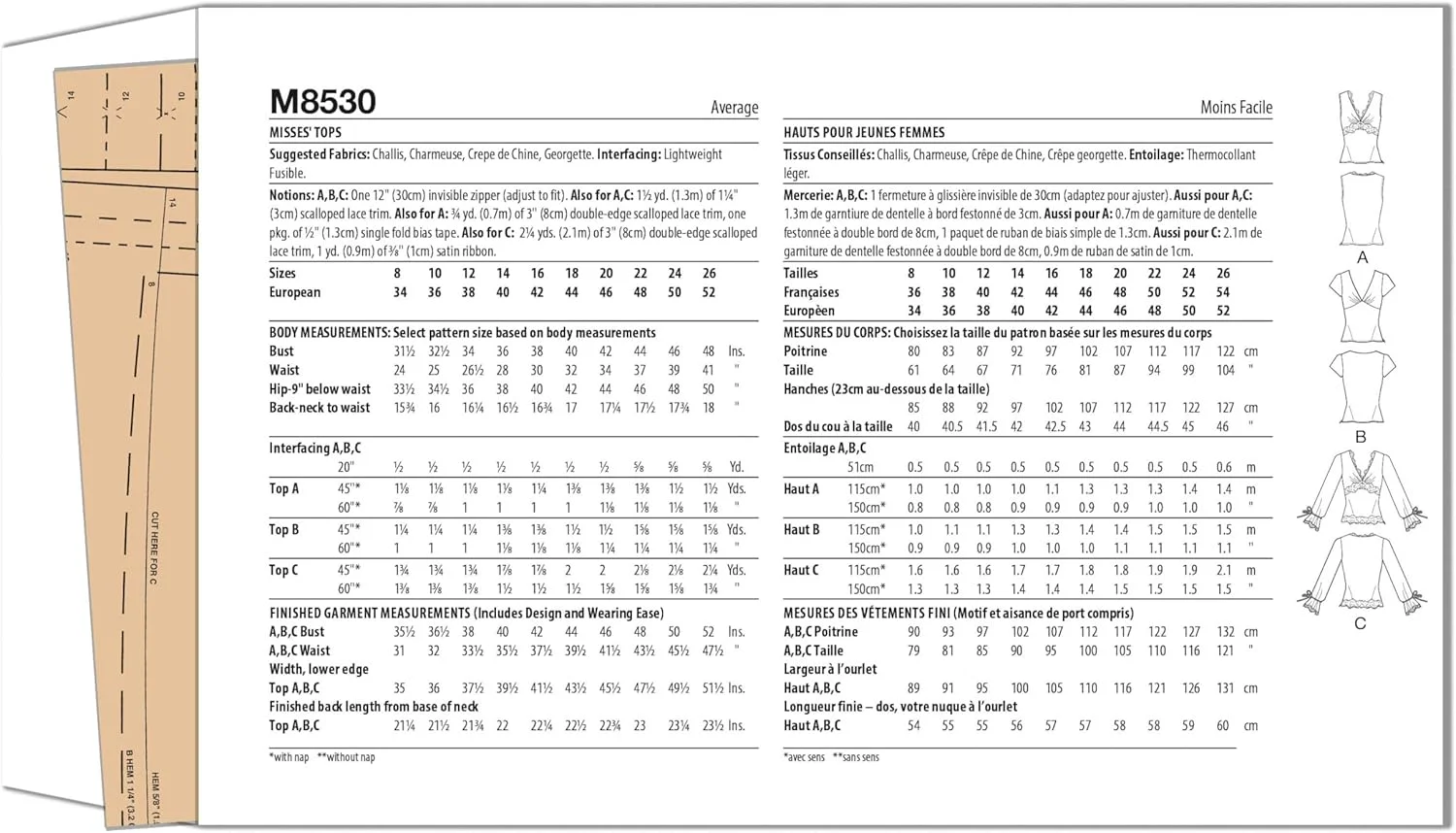 الگوی خیاطی تاپ های زنانه یقه باز McCall's M8530Y5، کد طراحی M8530، سایزهای 18-20-22-24-26