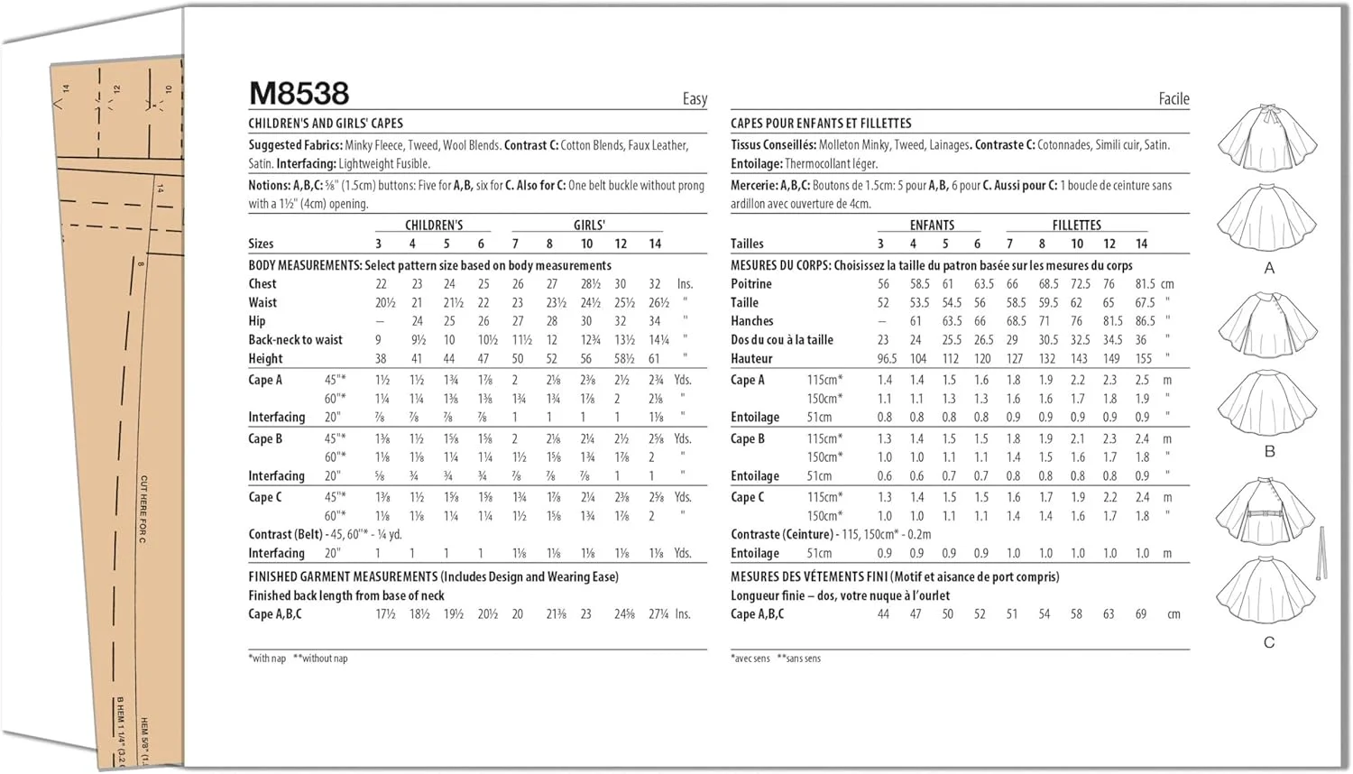 الگوی خیاطی شنل آستین بلند دخترانه McCall's M8538K5، کد طراحی M8538، سایزهای 7-8-10-12-14