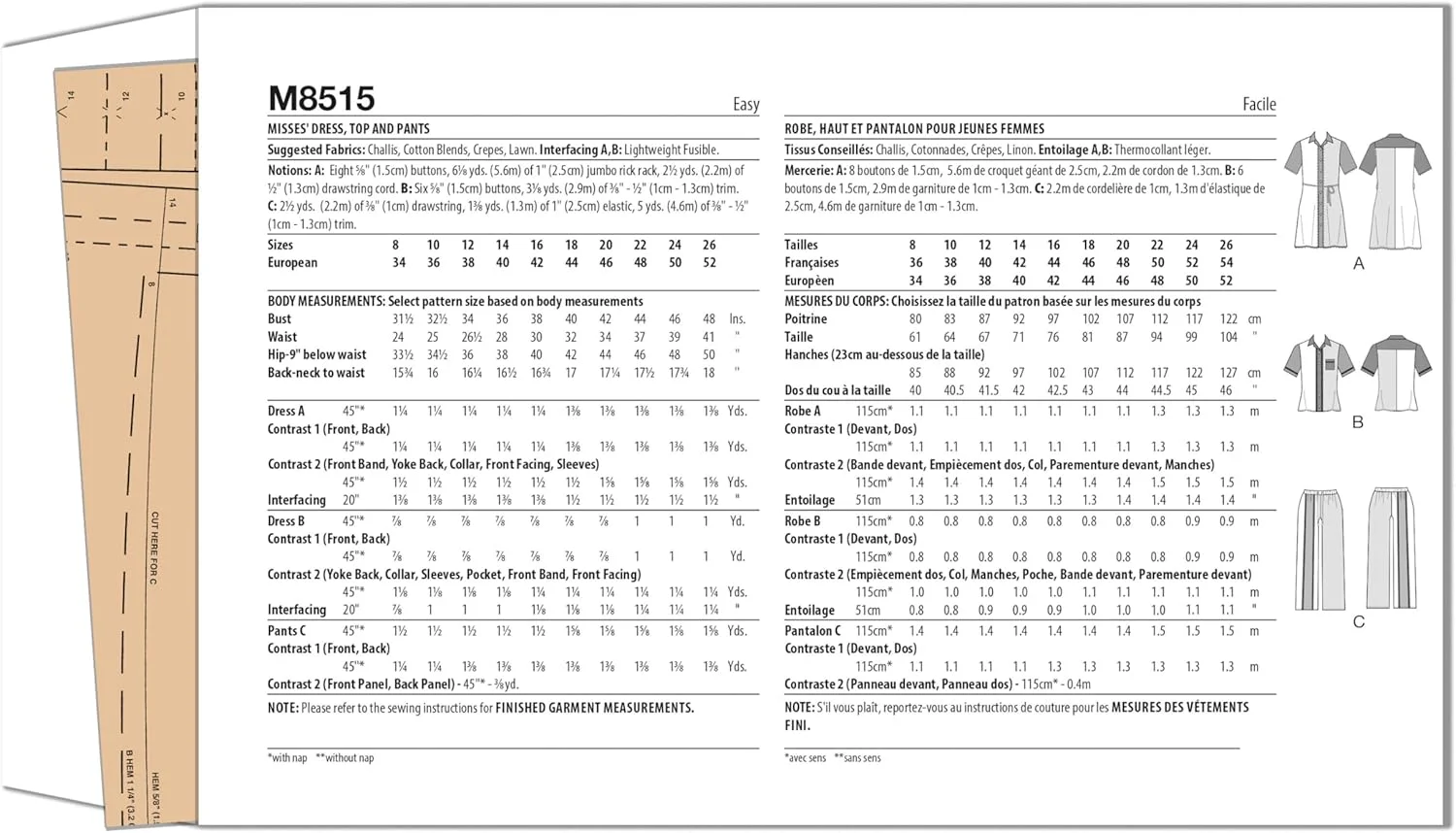 الگوی خیاطی آسان برای پیراهن مردانه، تاپ و شلوار زنانه McCall's M8515Y5، کد طراحی M8515، سایزهای 18-20-22-24-26